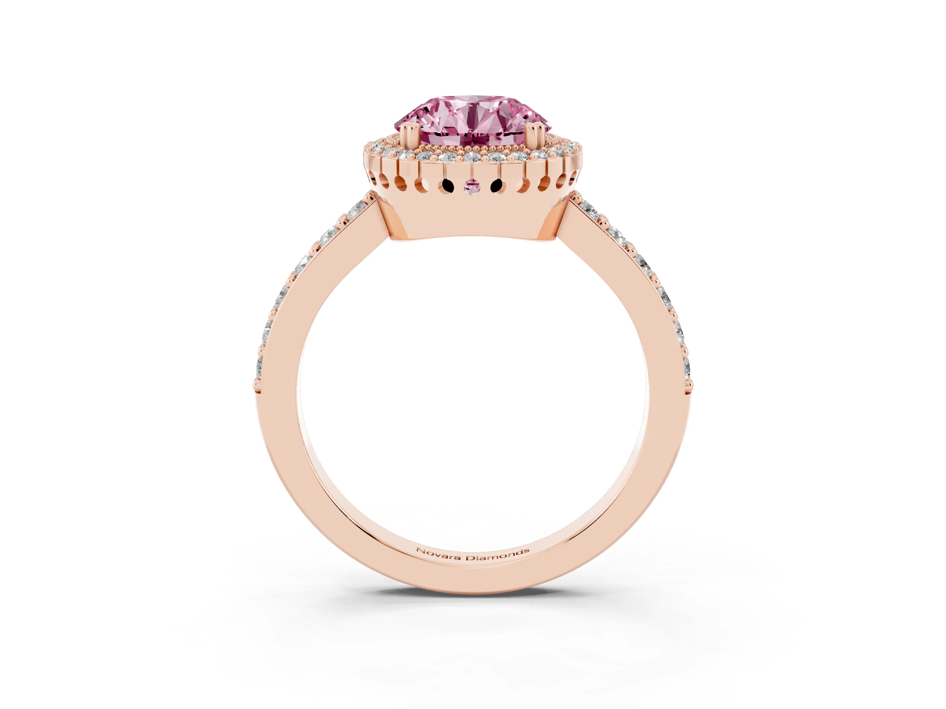 Fancy Pink Round Cut Diamond Halo Engagement Ring Set in Rose gold with Milgrain Detail and Pavé Band