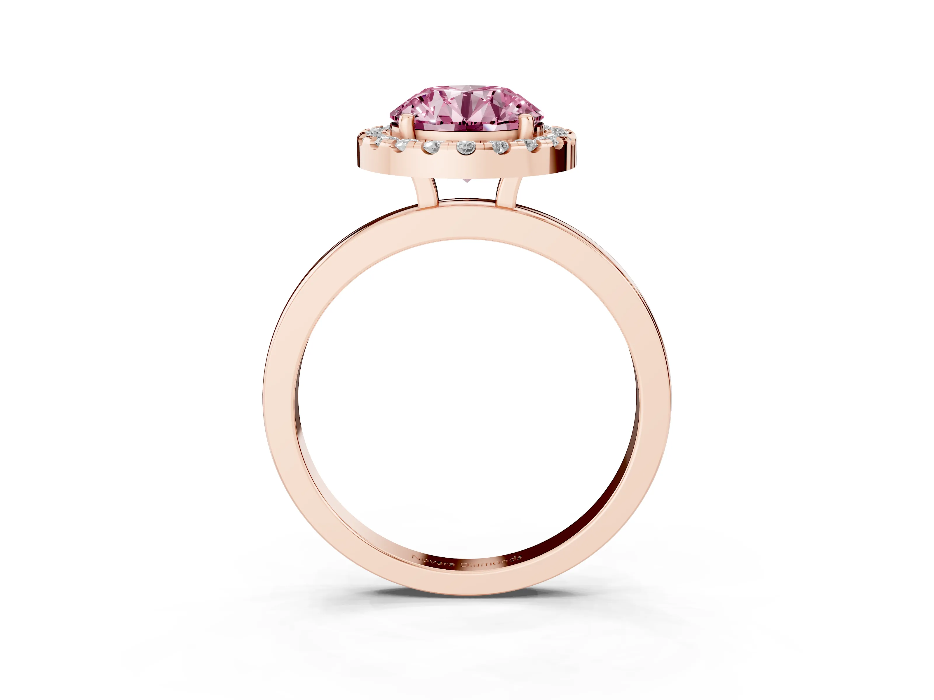Fancy Pink Round Cut Diamond Halo Solitaire Ring Set in Rose gold with Pavé Band and Prong Setting