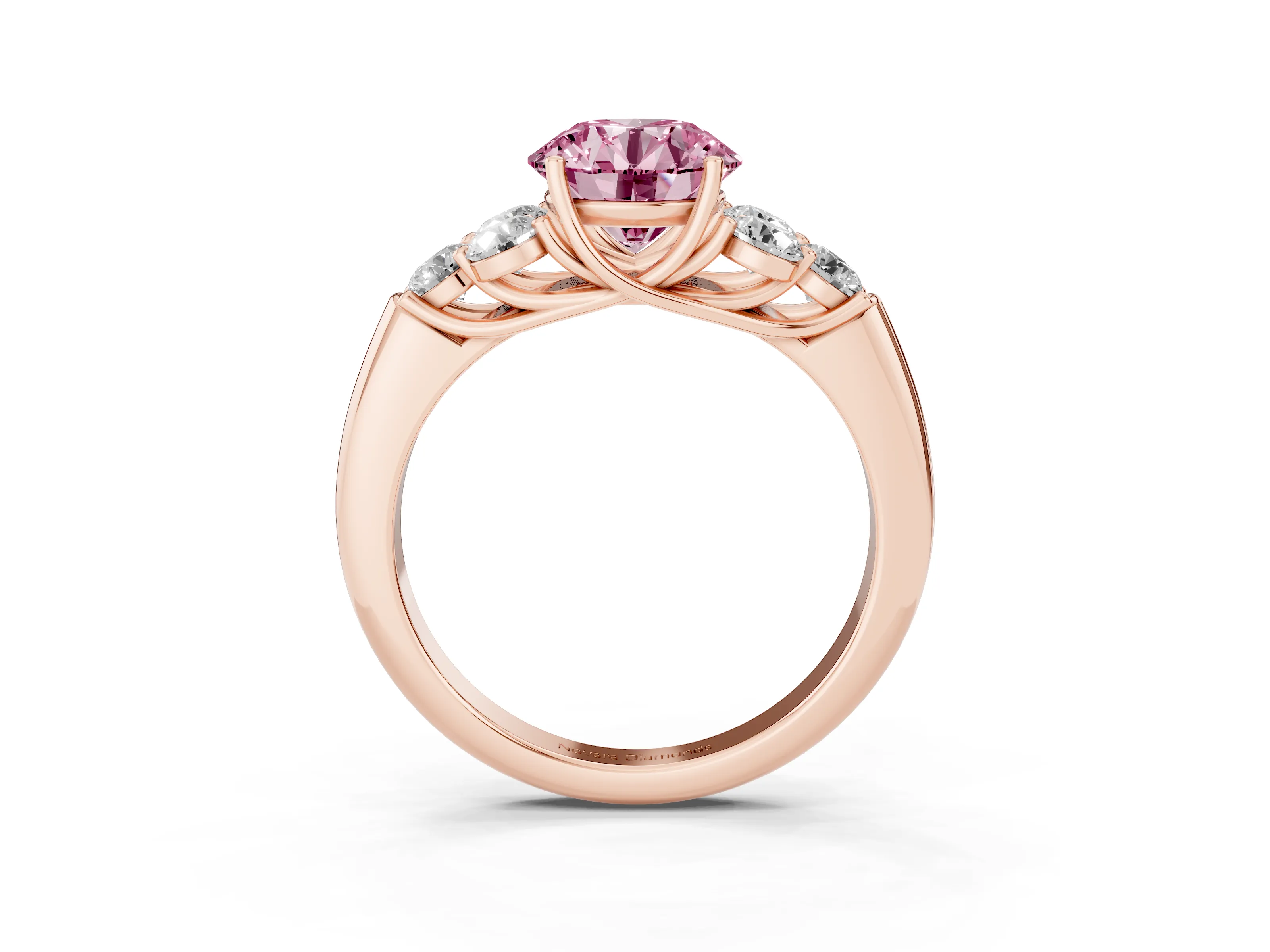 Fancy Pink Round Cut Diamond Cluster Ring Set in Rose gold with Round Accent Stones and Prong Setting on a Plain Band