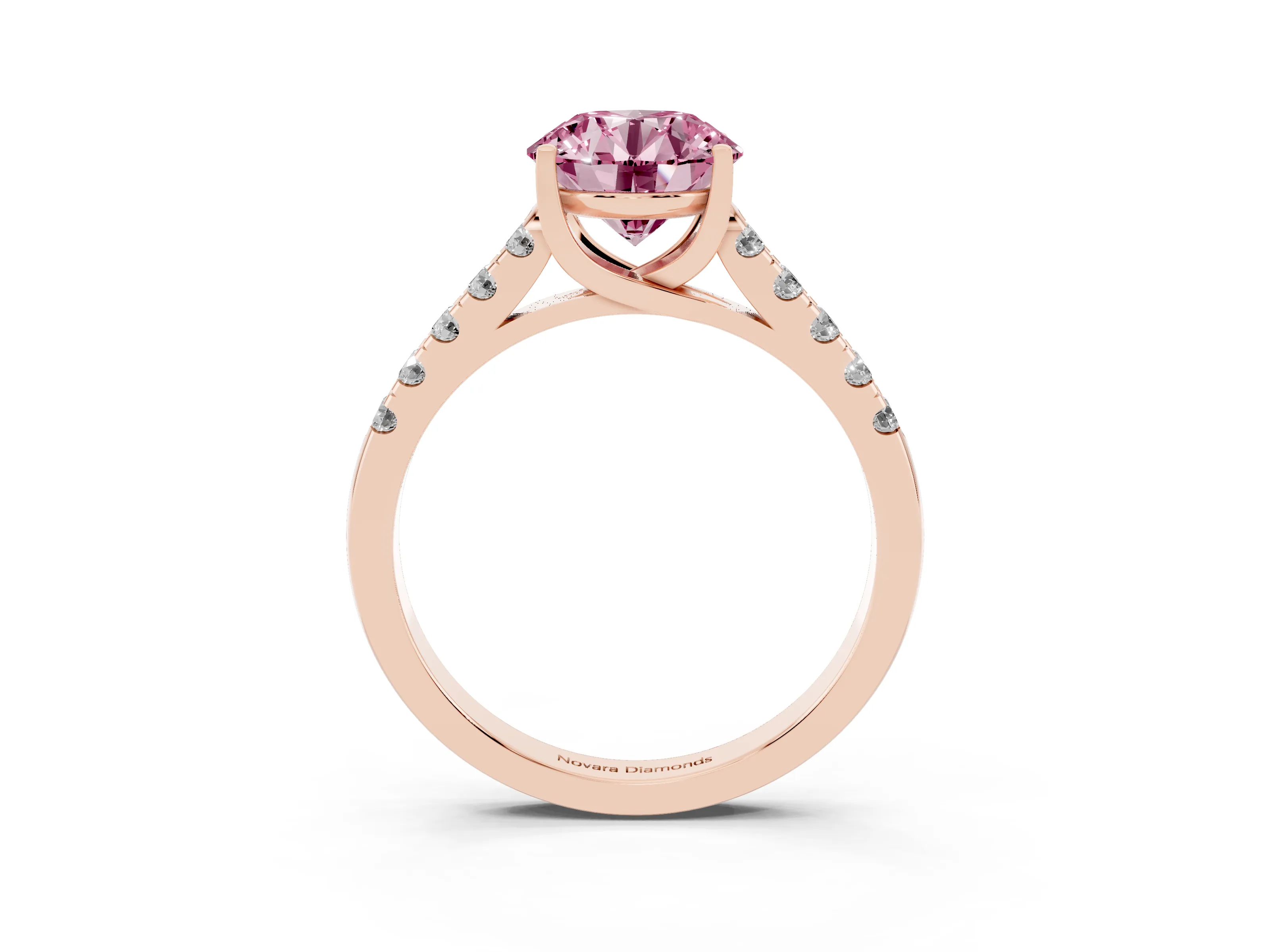 Fancy Pink Round Cut Diamond Pavé Band Solitaire Ring Set in Rose gold with Partway Accent Stones and Prong Setting