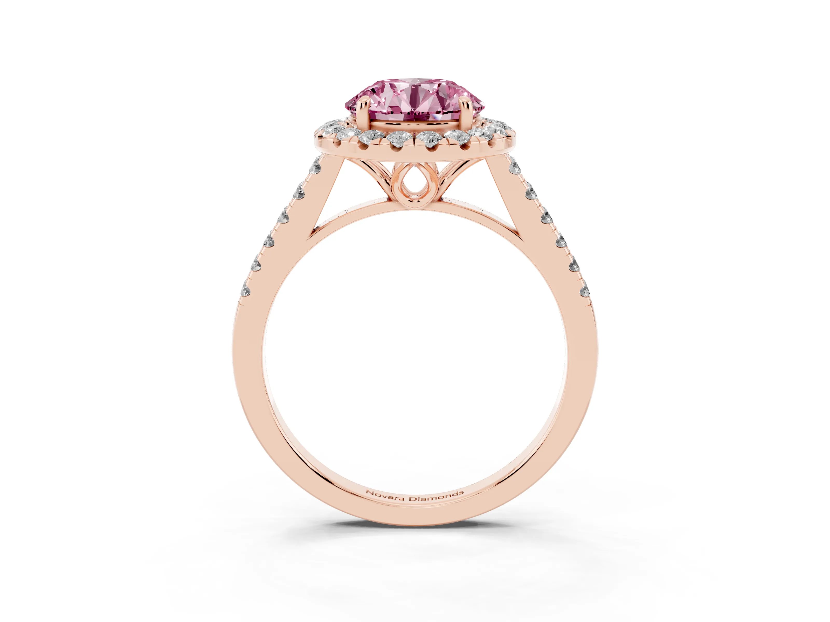 Fancy Pink Round Cut Diamond Pavé Halo Engagement Ring Set in Rose gold with Pavé Band and Prong Setting