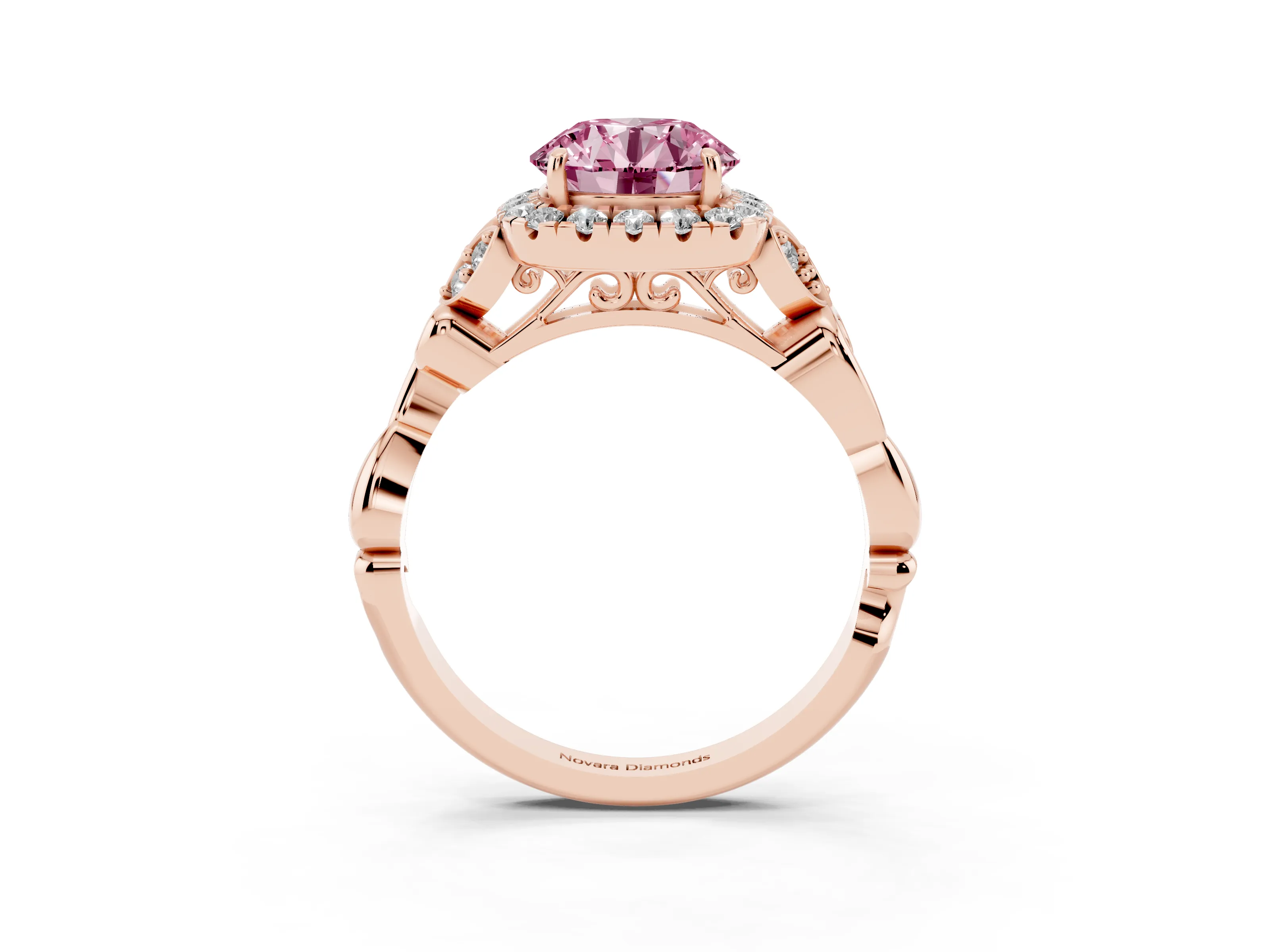 Fancy Pink Round Cut Diamond Halo Engagement Ring Set in Rose gold with Vintage-Inspired Band and Prong Setting
