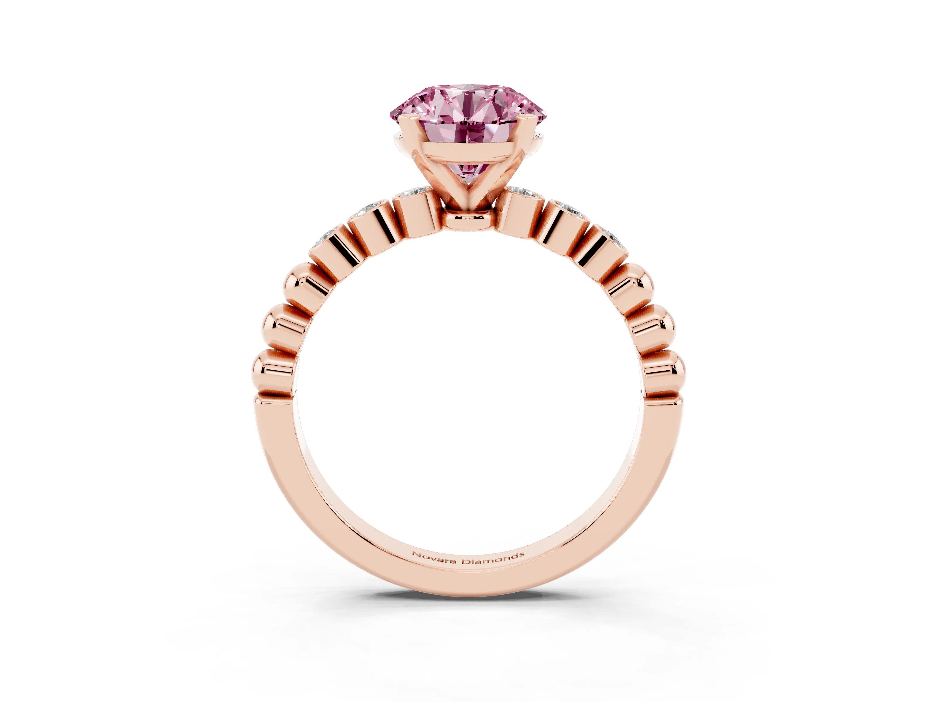Fancy Pink Round Cut Diamond Solitaire Engagement Ring Set in Rose gold with Bezel Accents on Beaded Band