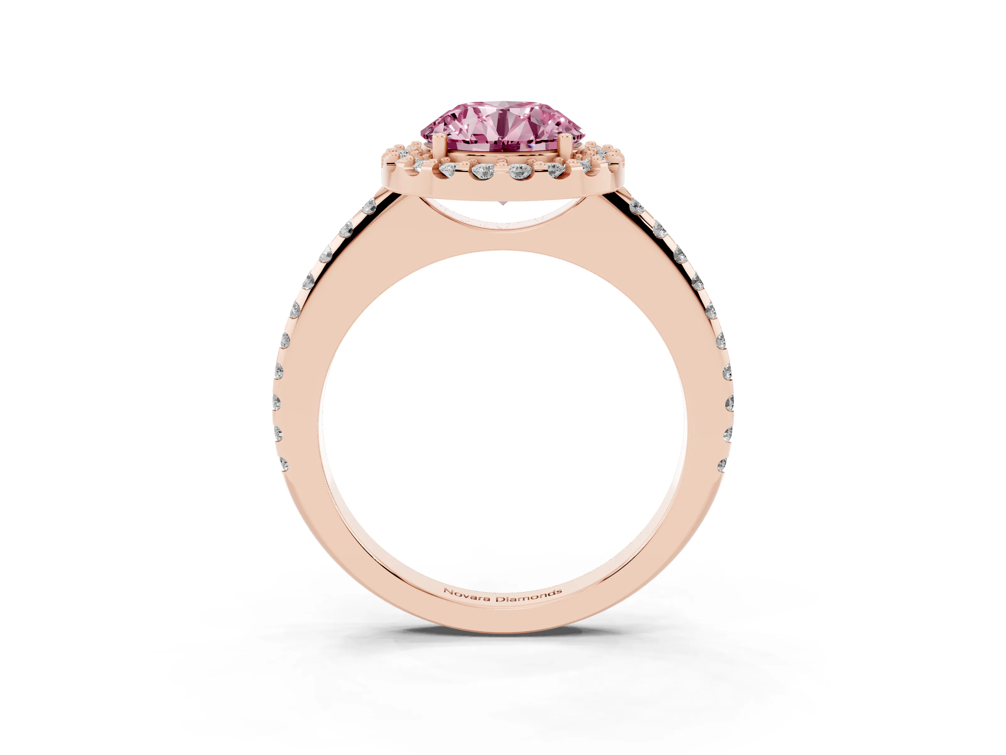 Fancy Pink Round Cut Diamond Pavé Halo Ring Set in Rose gold with Prong Setting