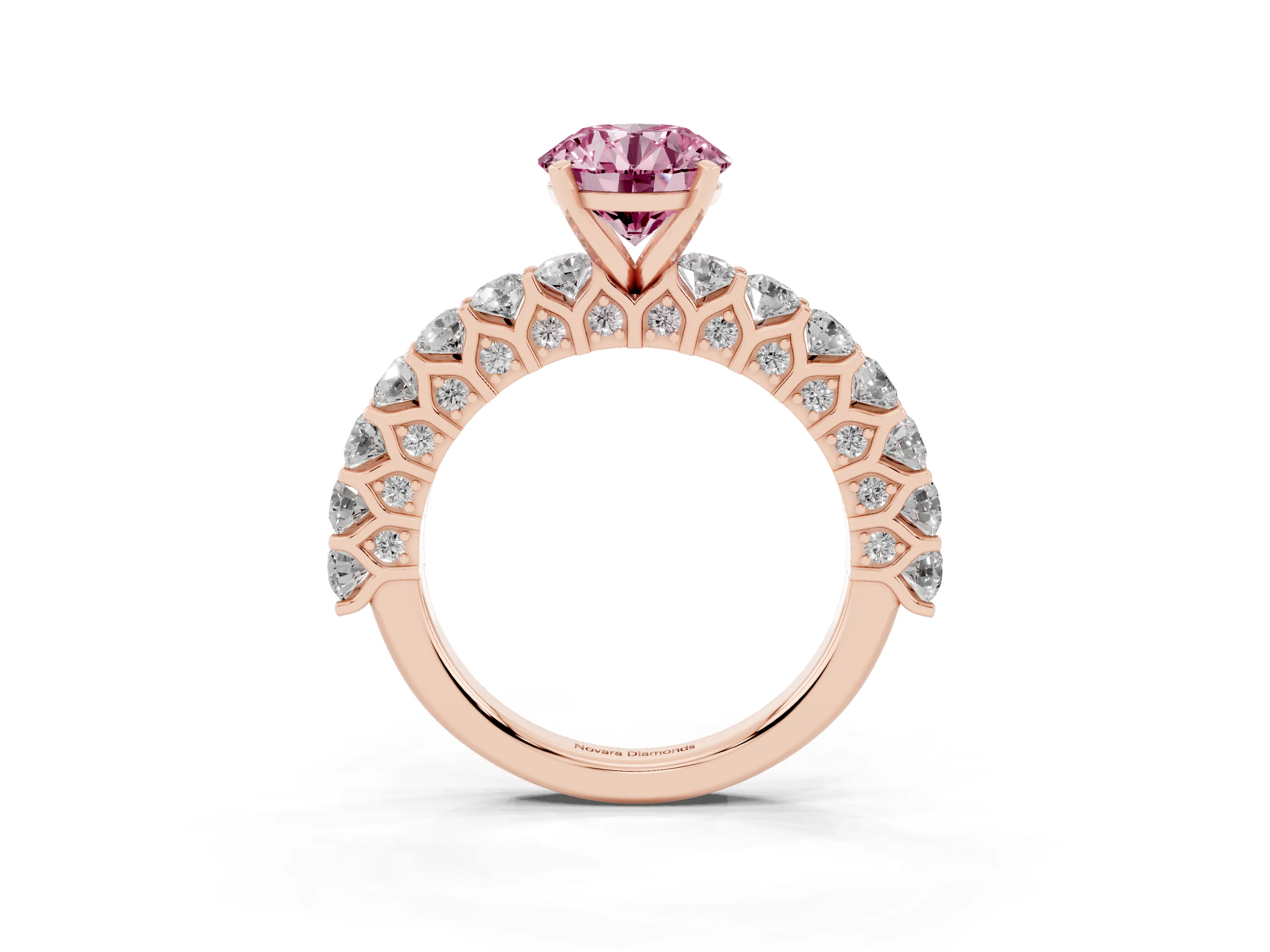 Fancy Pink Round Cut Diamond Solitaire Ring Set in Rose gold with Shared Prong Pavé Band