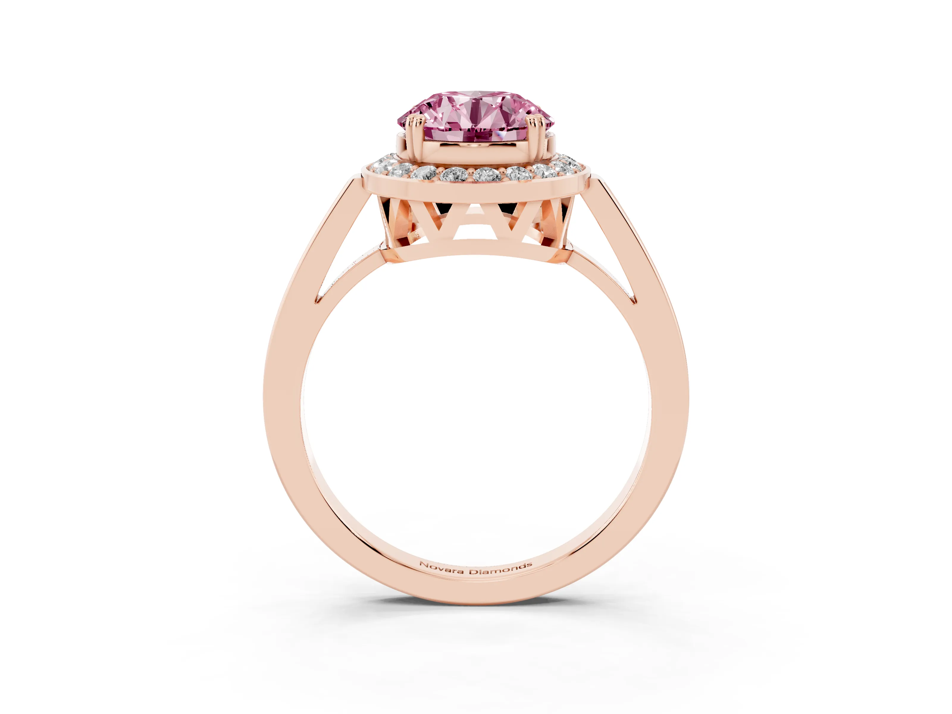 Fancy Pink Round Cut Diamond Halo Ring Set in Rose gold with Accent-Lined Split Shank and Prong Setting