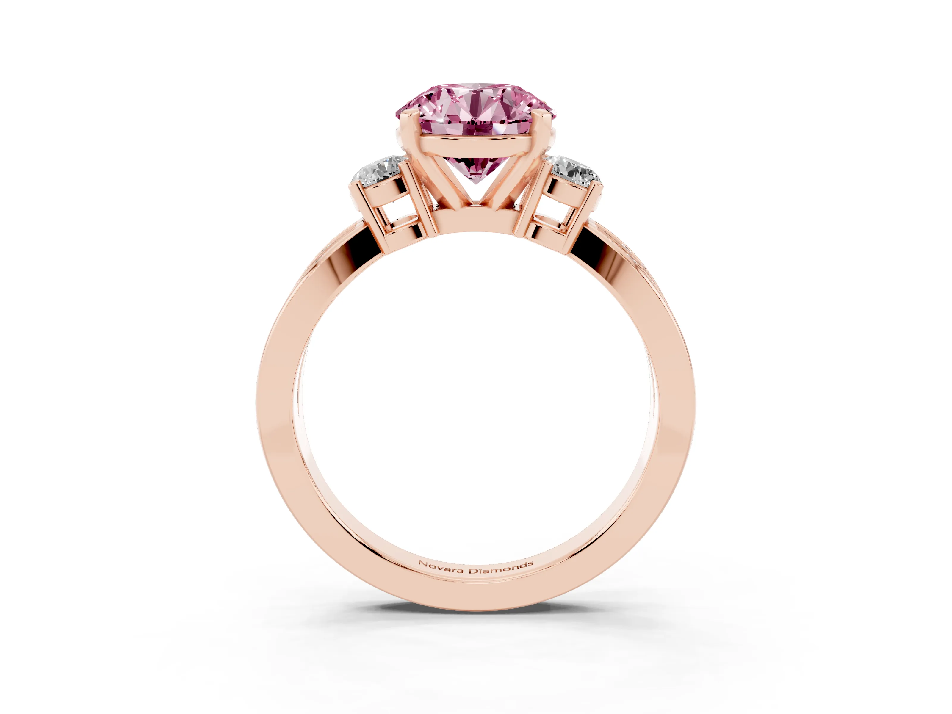 Fancy Pink Three-Stone Round Cut Diamond Twist Band Ring Set in Rose gold with Pavé Accents and Prong Setting