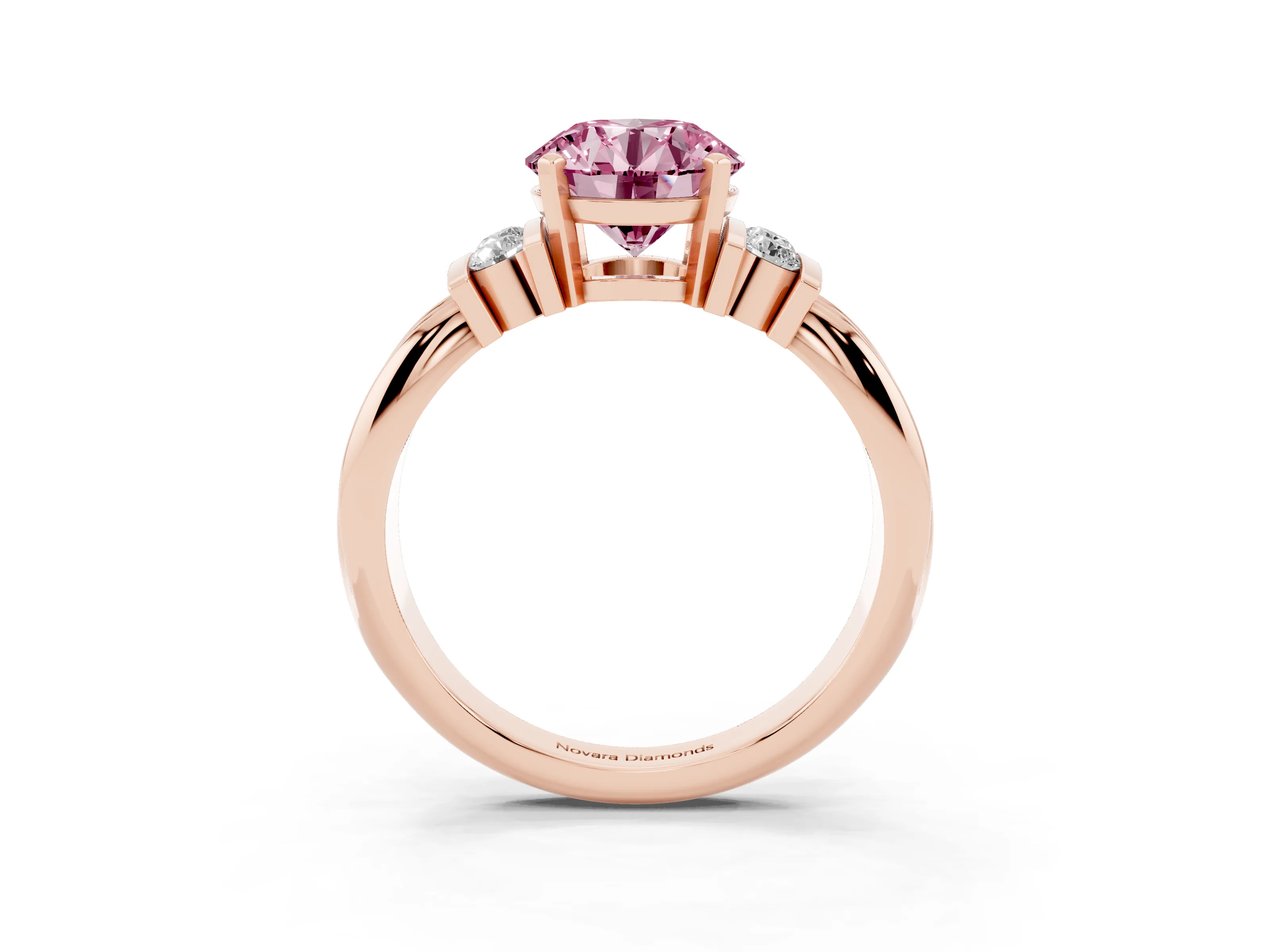 Fancy Pink Three-Stone Round Cut Diamond Channel Set Ring Set in Rose gold with Bar Prongs
