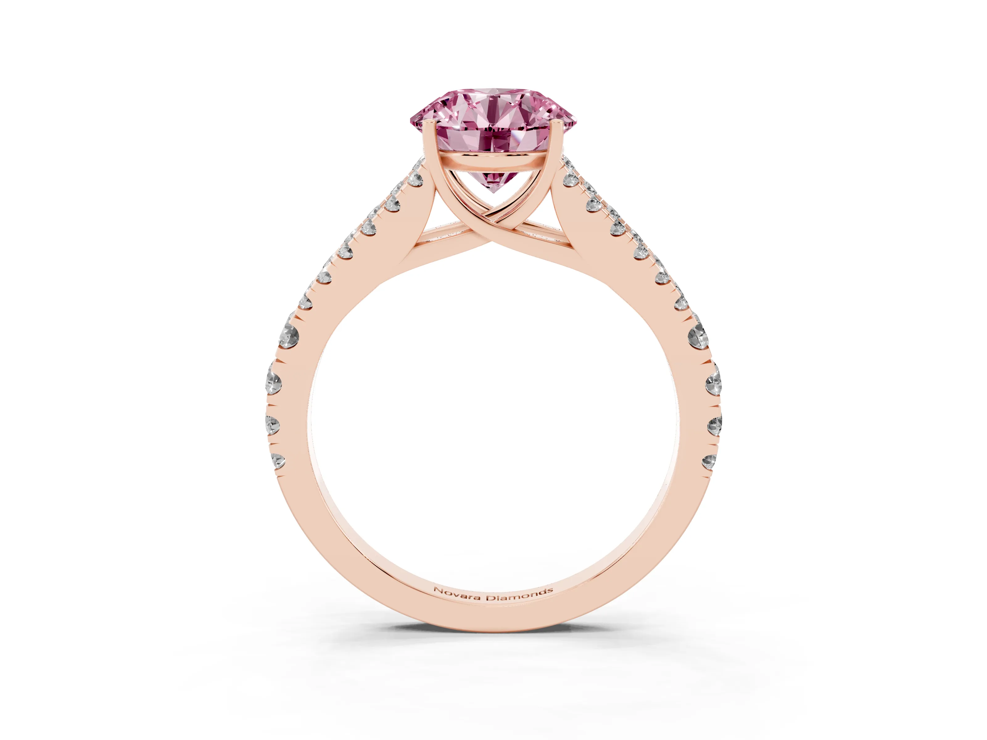 Fancy Pink Round Cut Diamond Split Shank Pavé Engagement Ring Set in Rose gold with Prong-Held Center Stone