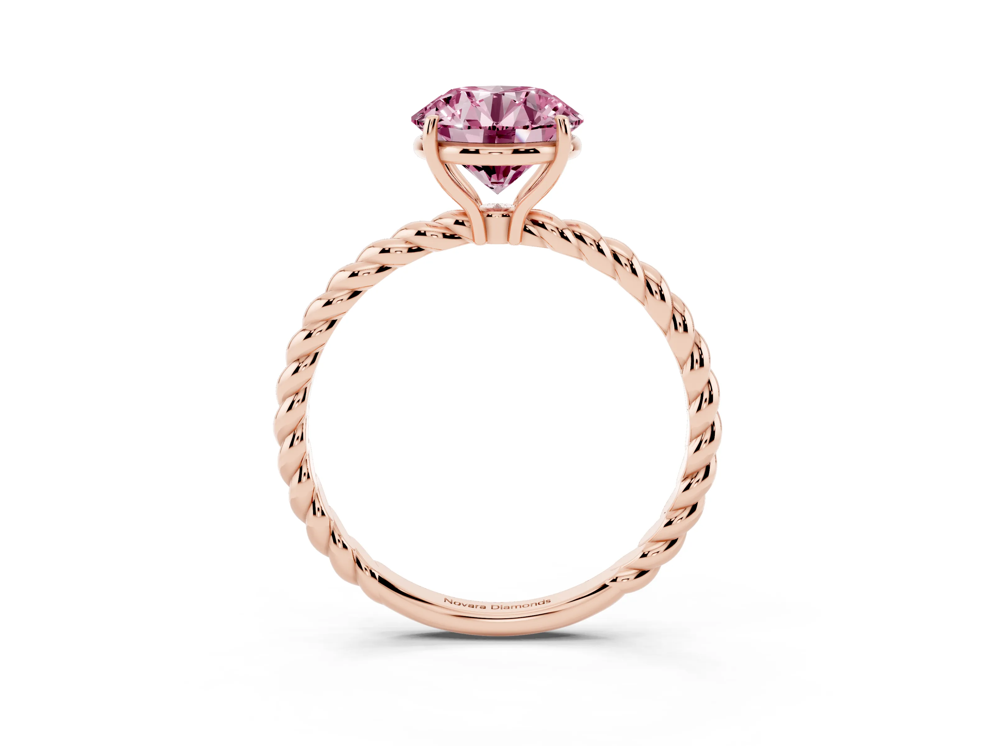 Fancy Pink Round Cut Diamond Solitaire Ring Set in Rose gold with Twist Band and Prong Setting