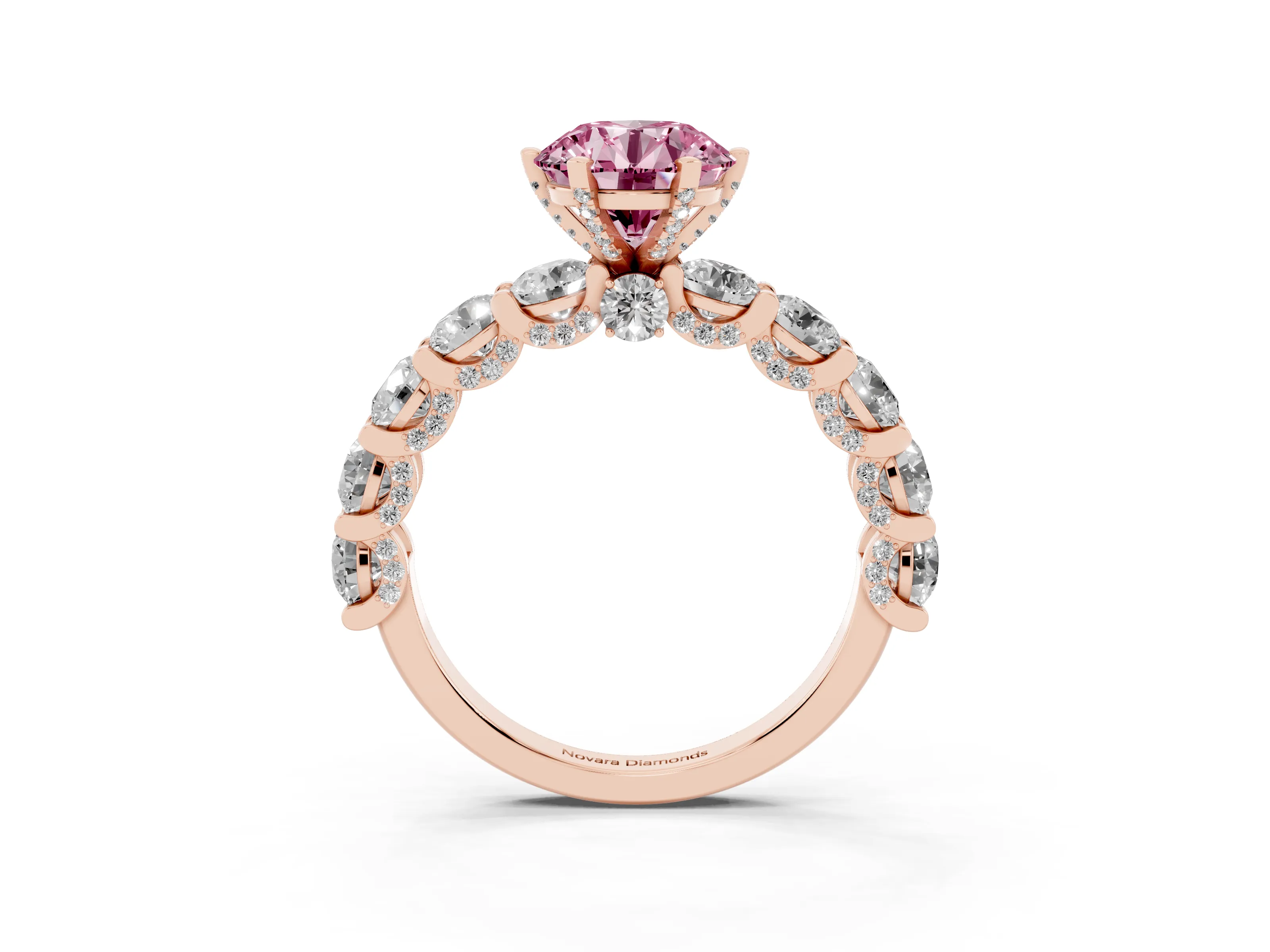 Fancy Pink Round Cut Diamond Side Stone Ring Set in Rose gold with Alternating Round and Oval Side Stones