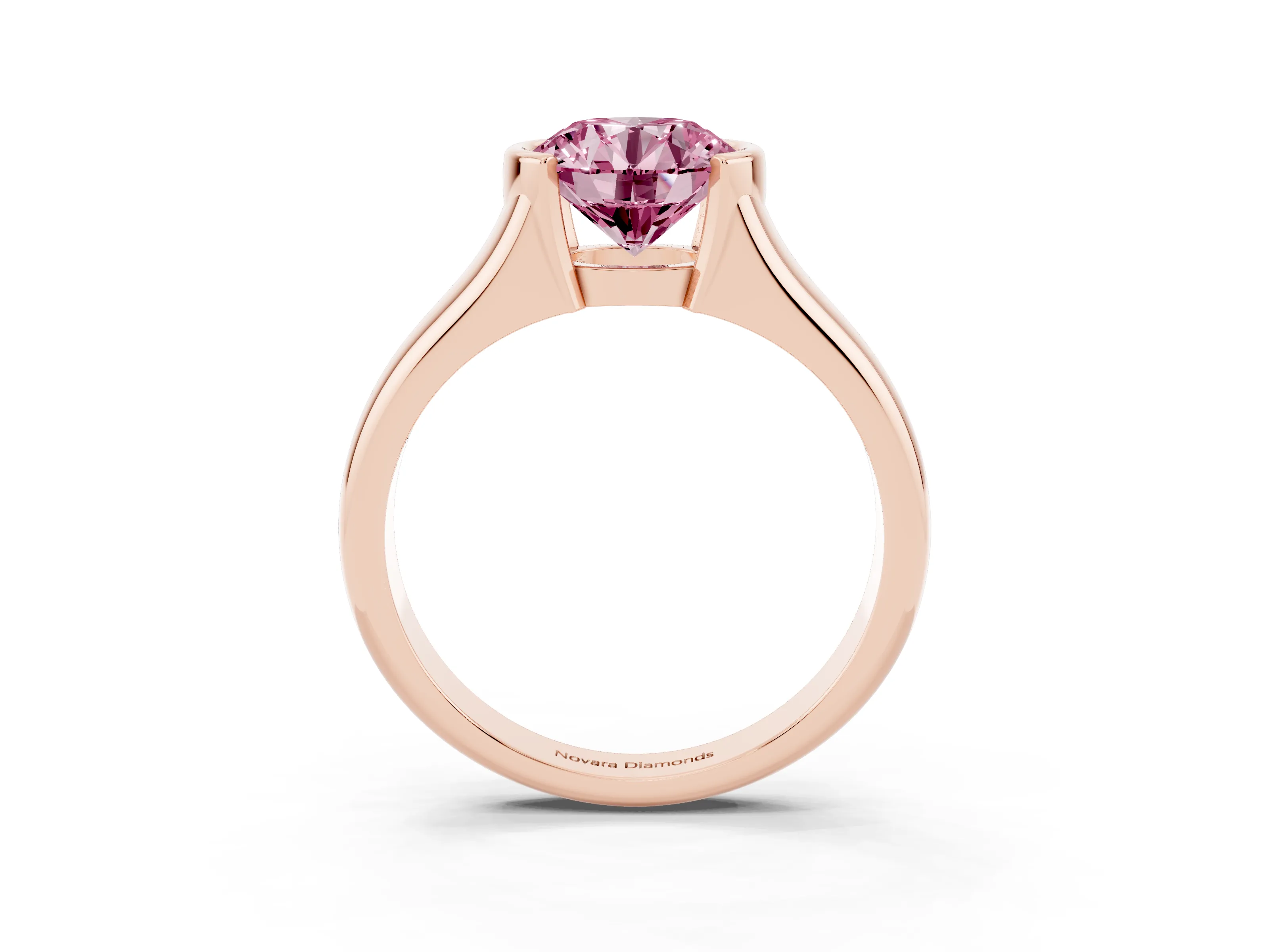Fancy Pink Round Cut Diamond Solitaire Tension Set Ring Set in Rose gold with Split Shank Band