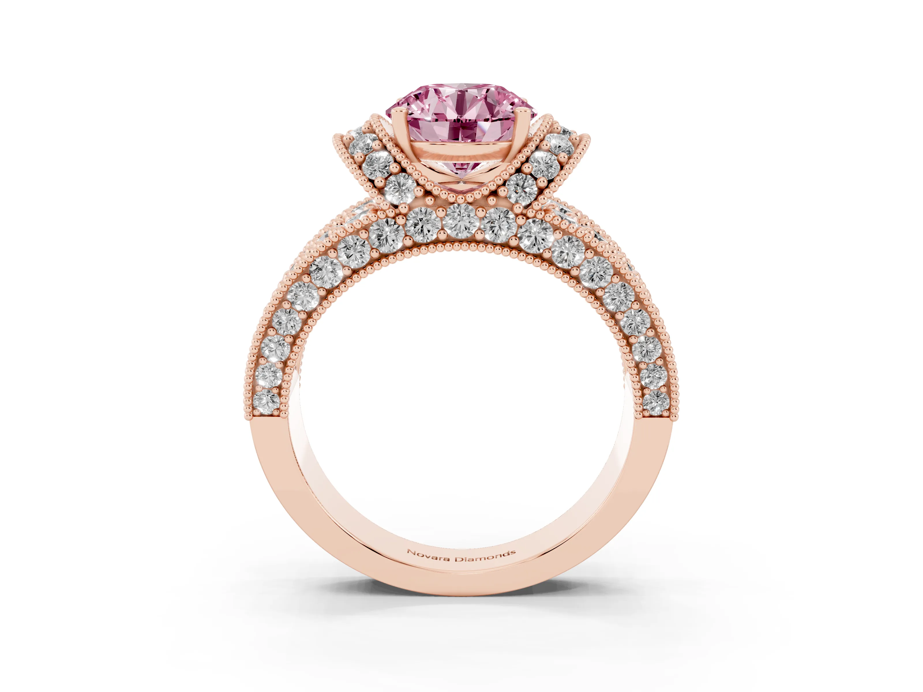 Fancy Pink Round Cut Diamond Milgrain Halo Pavé Engagement Ring Set in Rose gold with Prong Setting