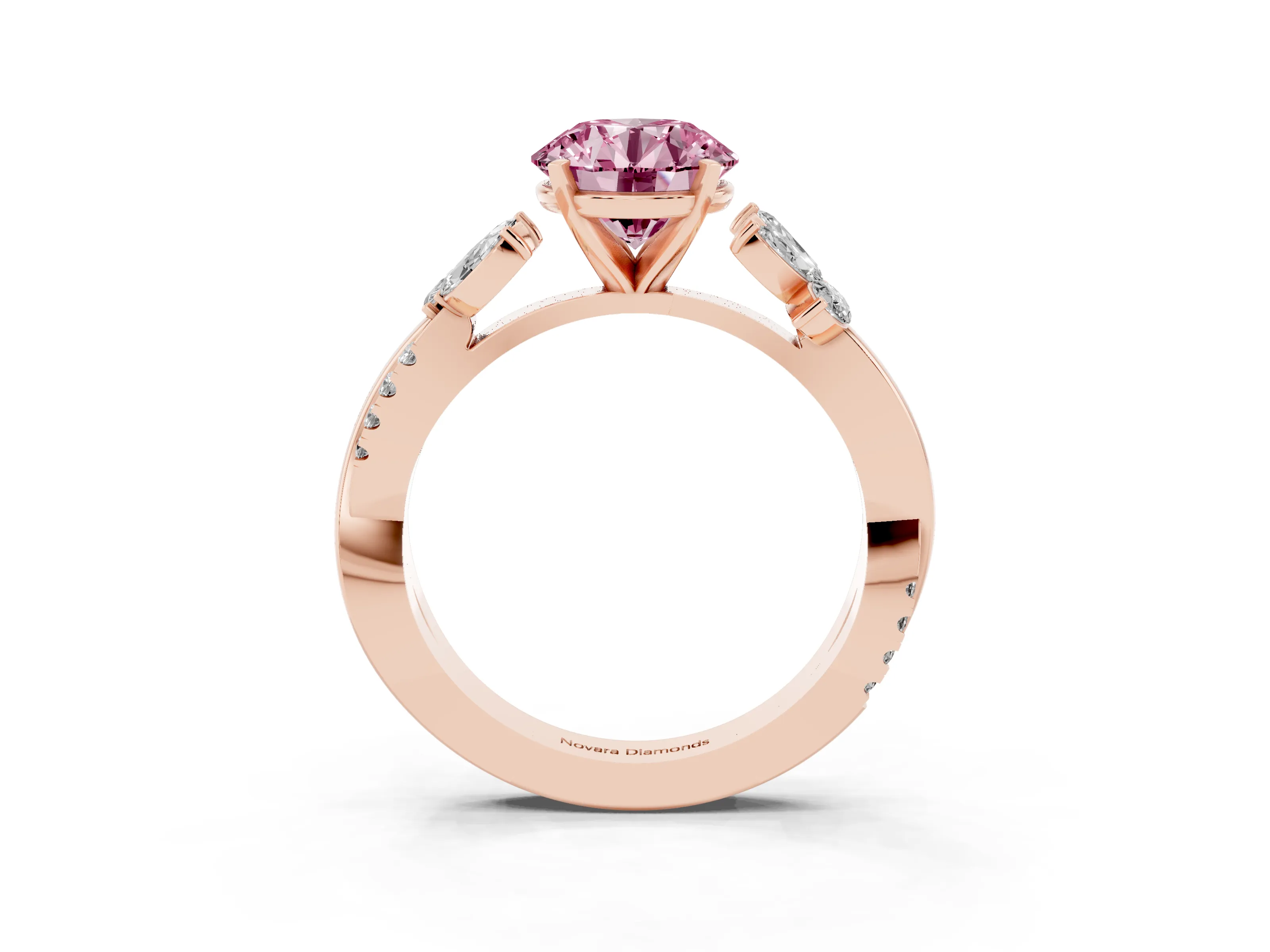 Fancy Pink Round Cut Diamond Floral Vine Solitaire Engagement Ring Set in Rose gold with Marquise Leaves