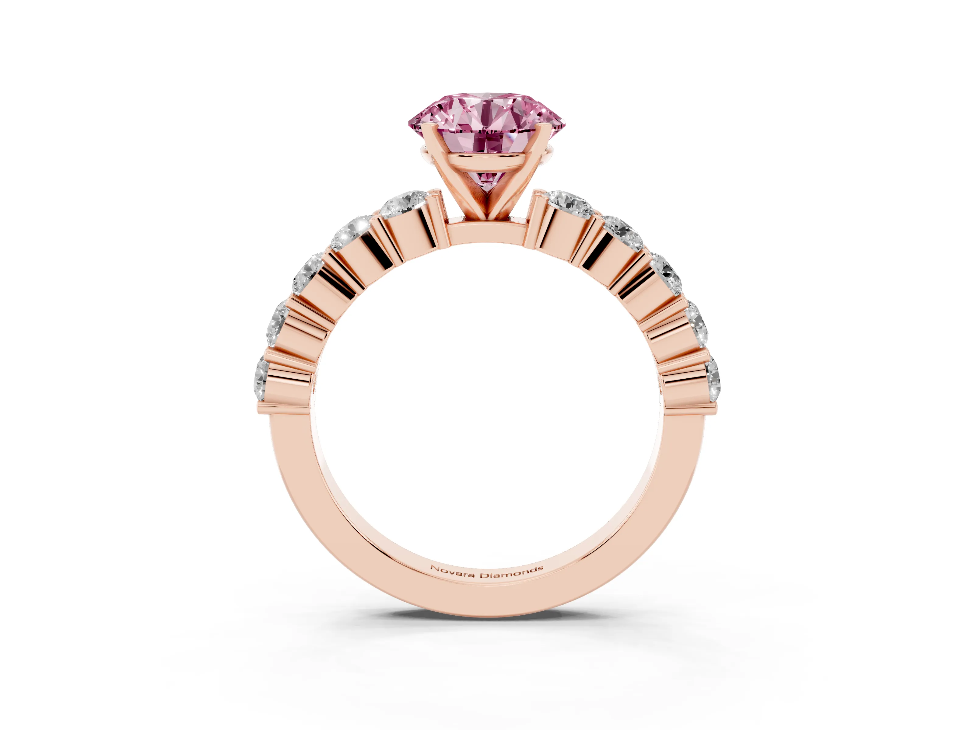 Fancy Pink Round Cut Diamond Solitaire Ring Set in Rose gold with Shared Prong Round Side Stones