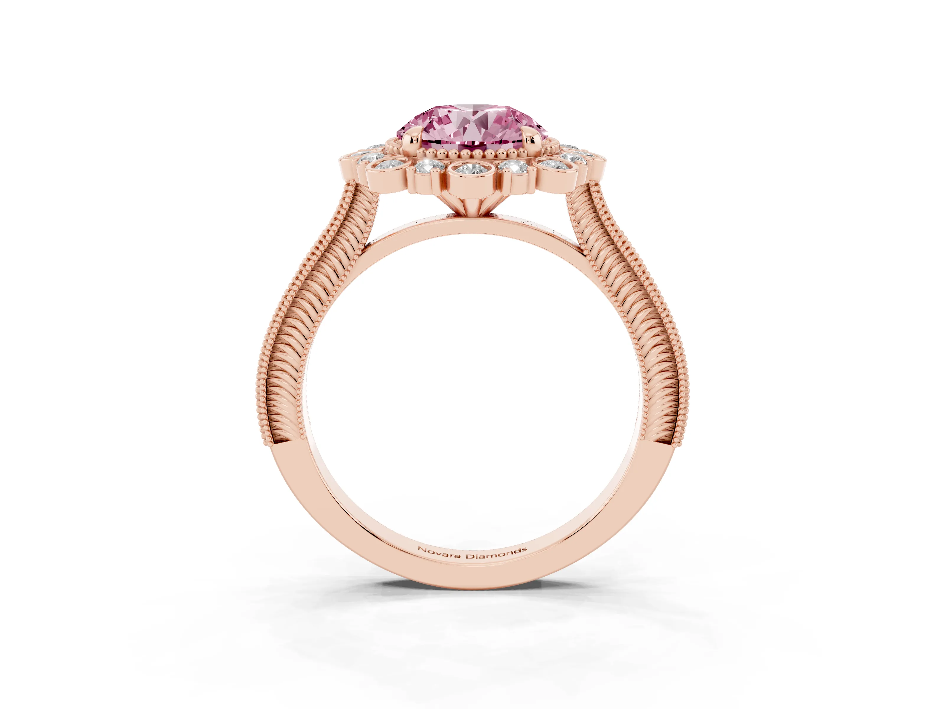 Fancy Pink Round Cut Diamond Halo Milgrain Pavé Ring Set in Rose gold with Prong Setting