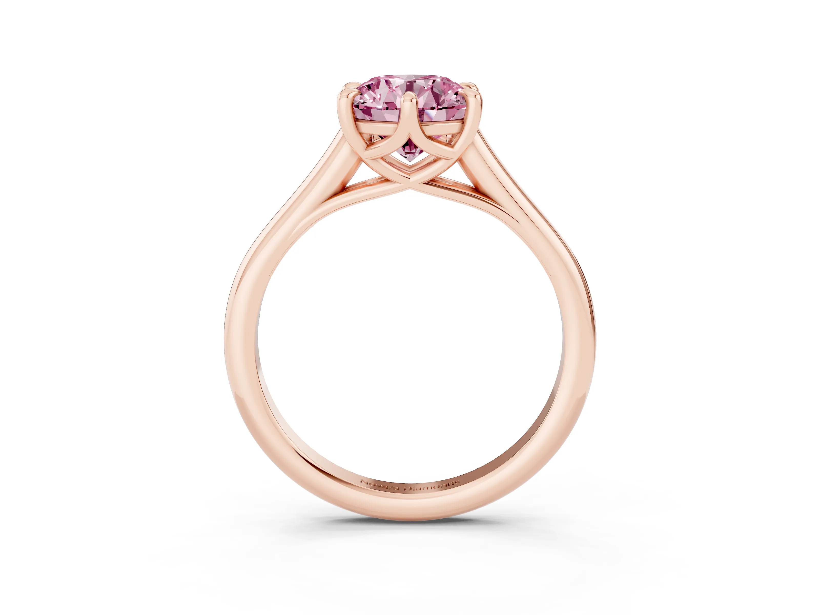 Fancy Pink Round Cut Diamond Solitaire Engagement Ring Set in Rose gold with Prong Setting and Plain Classic Band