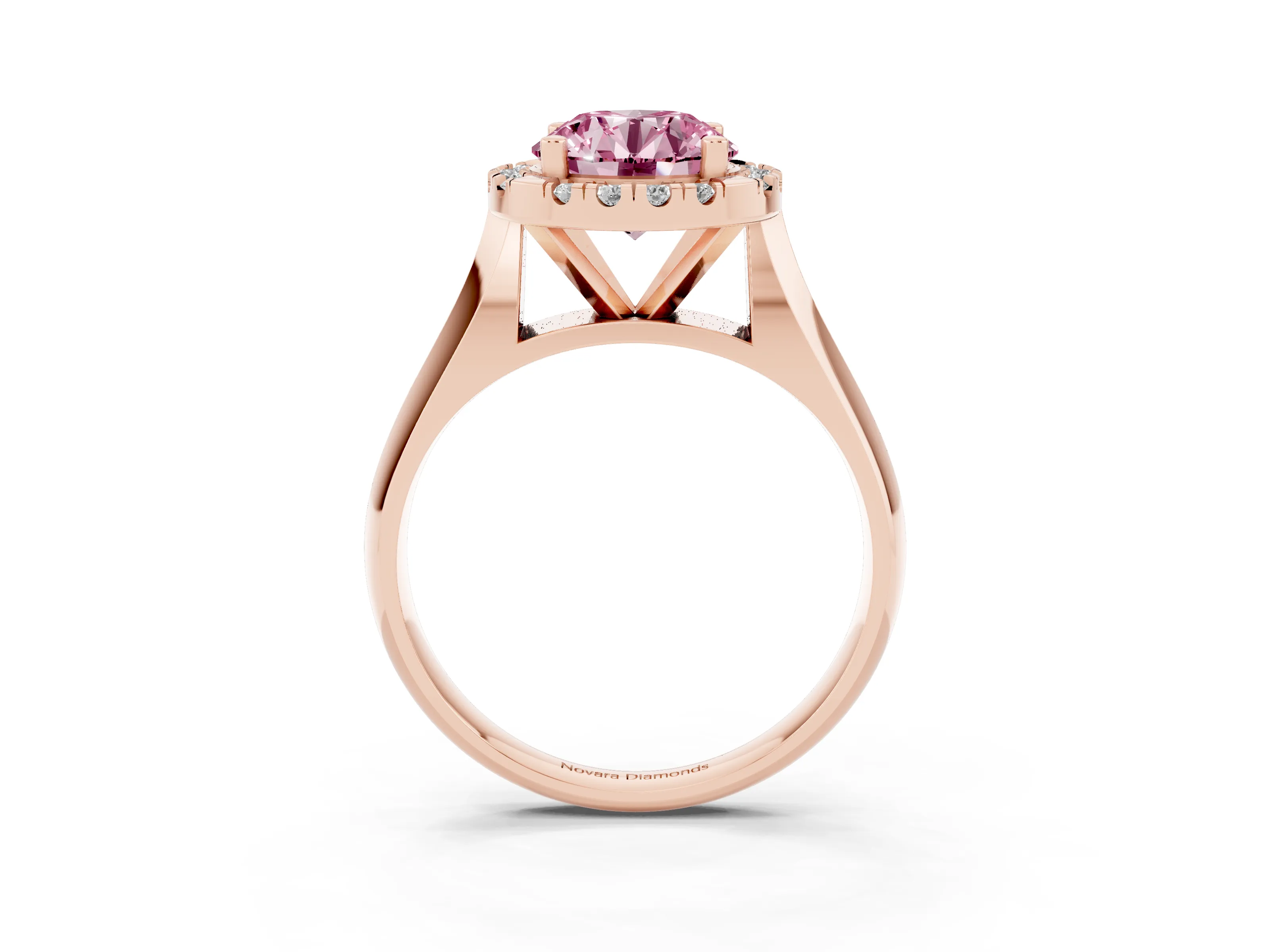 Fancy Pink Round Cut Diamond Halo Solitaire Engagement Ring Set in Rose gold with Square Band and Prong Setting
