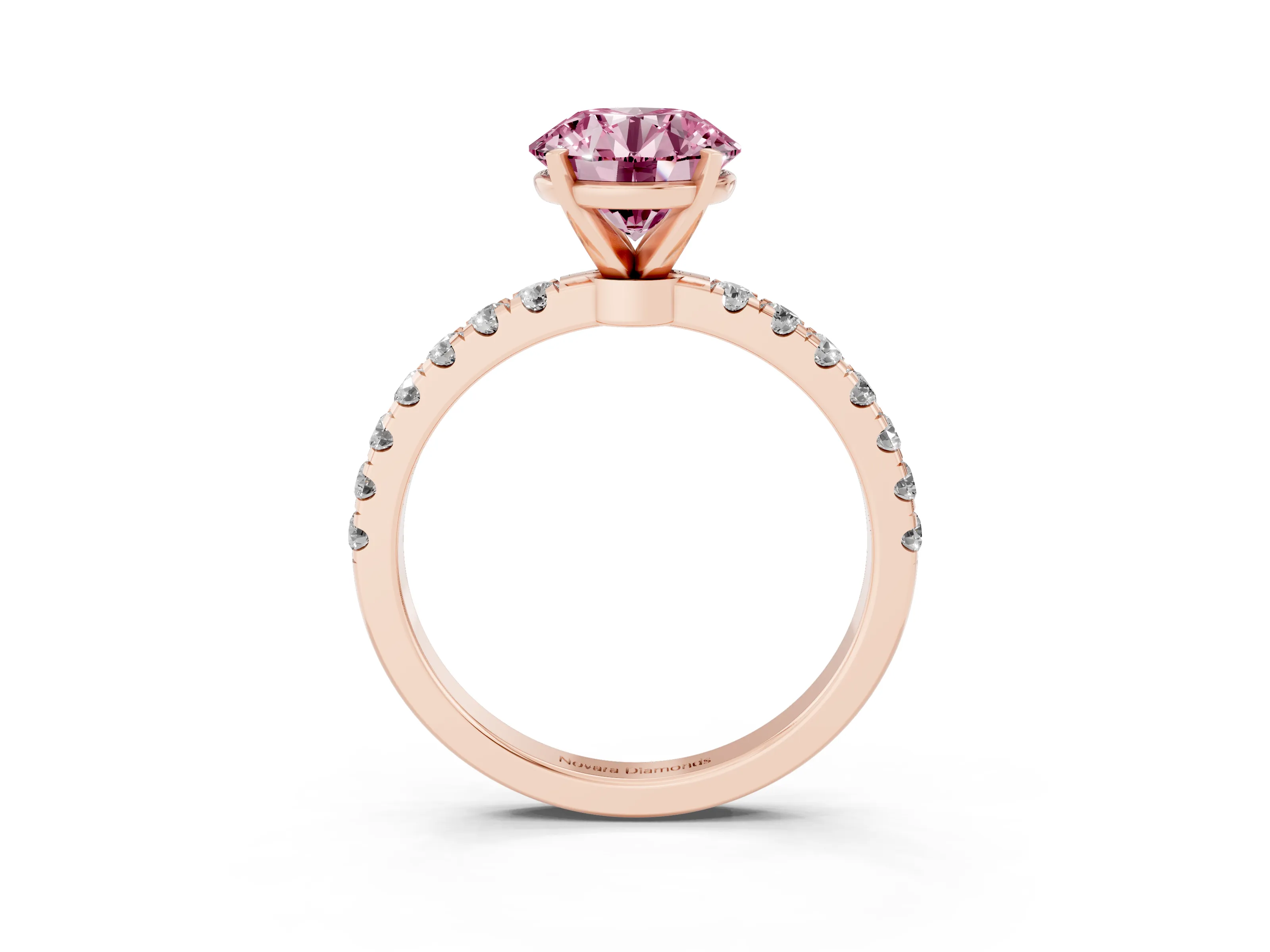 Fancy Pink Round Cut Diamond Solitaire Ring Set in Rose gold with Pavé Accents and Prong Setting