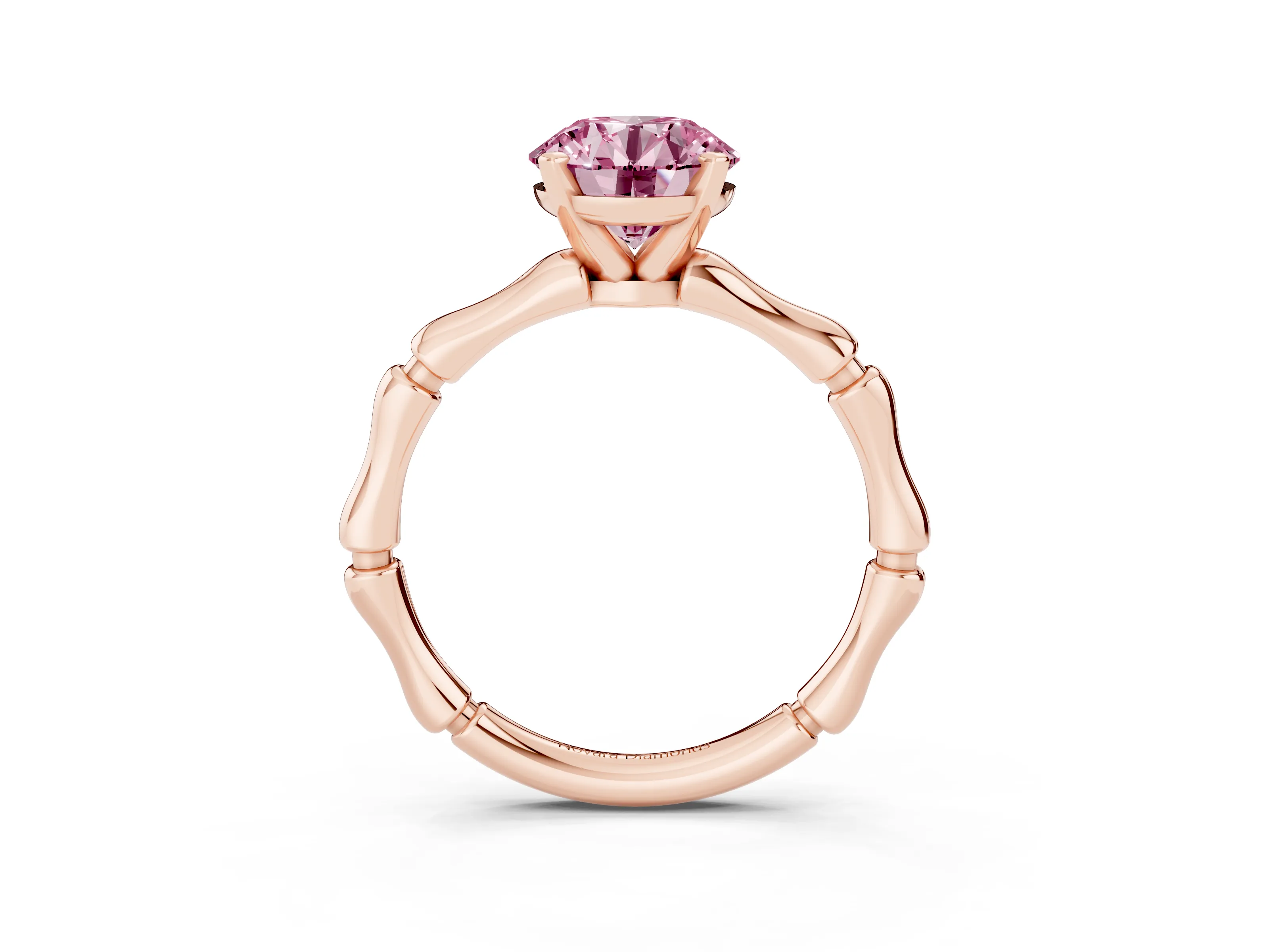 Fancy Pink Round Cut Diamond Solitaire Ring Set in Rose gold with Bamboo Band and Prong Setting