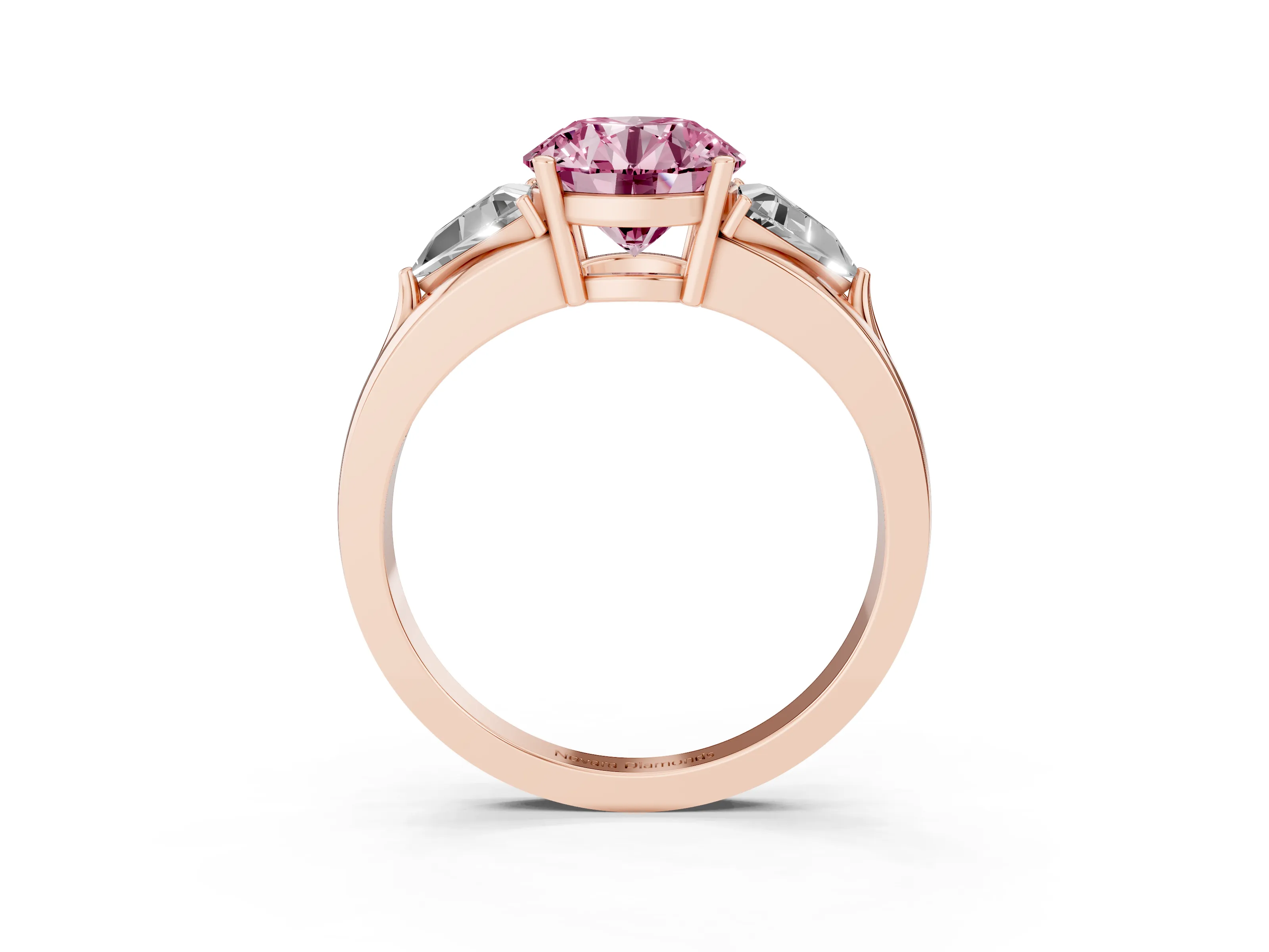 Fancy Pink Round Cut Diamond Three-Stone Ring Set in Rose gold with Trillion Side Stones and Split Shank