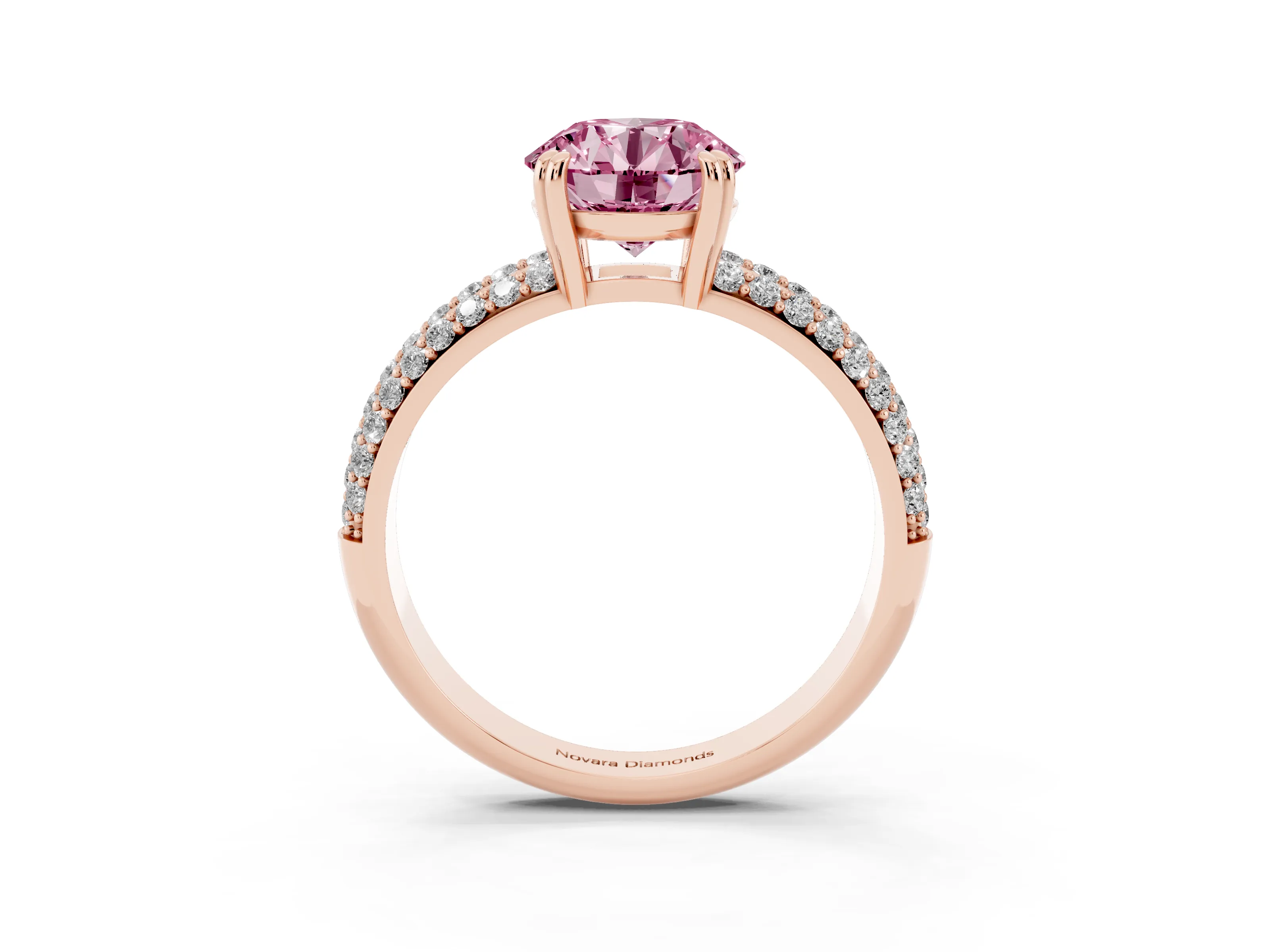 Fancy Pink Round Cut Diamond Solitaire Ring Set in Rose gold with Multi-Row Round Pavé Band and Prong Setting
