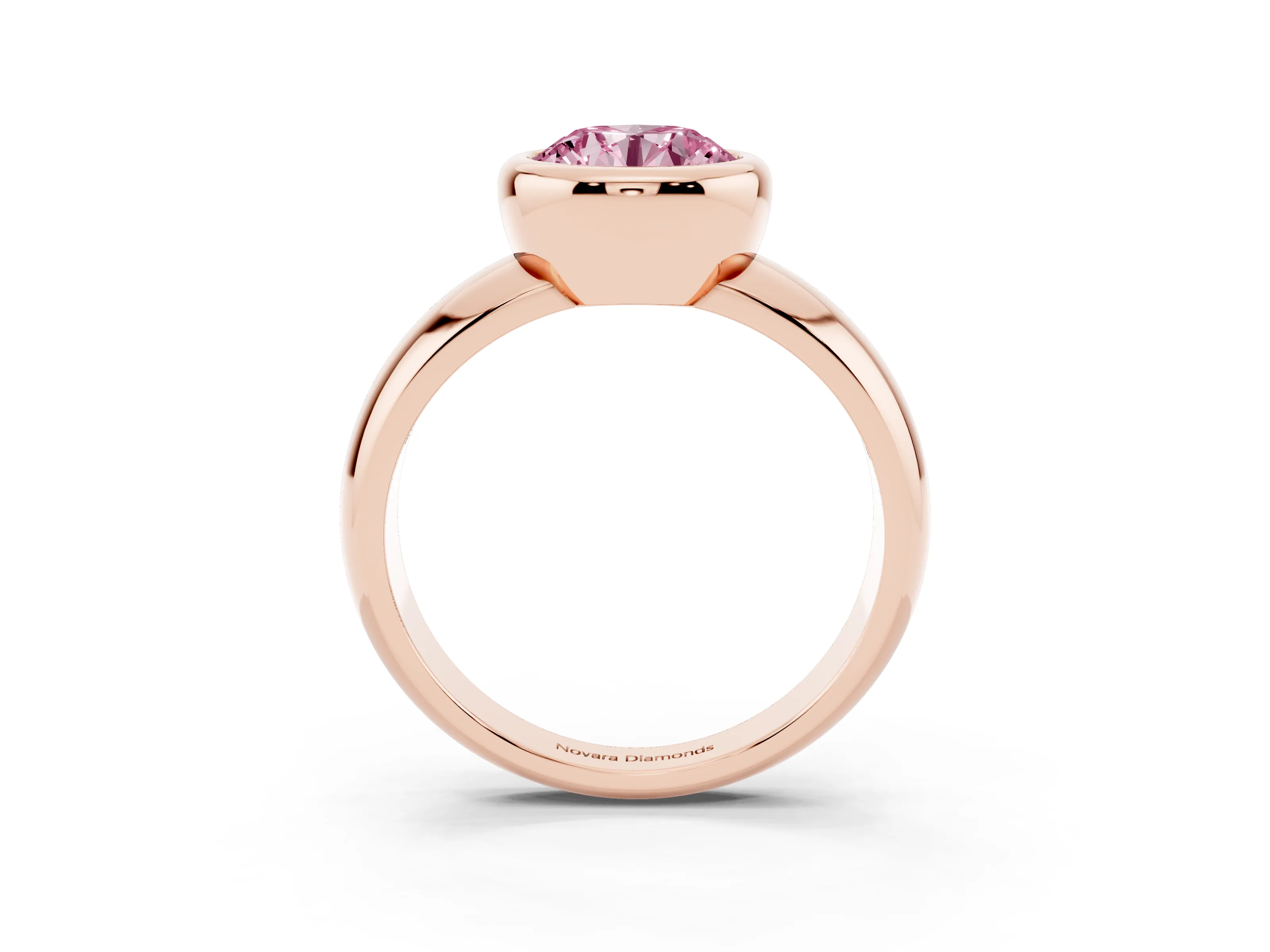 Fancy Pink Bezel Set Round Cut Diamond Solitaire Ring Set in Rose gold with Wide Band