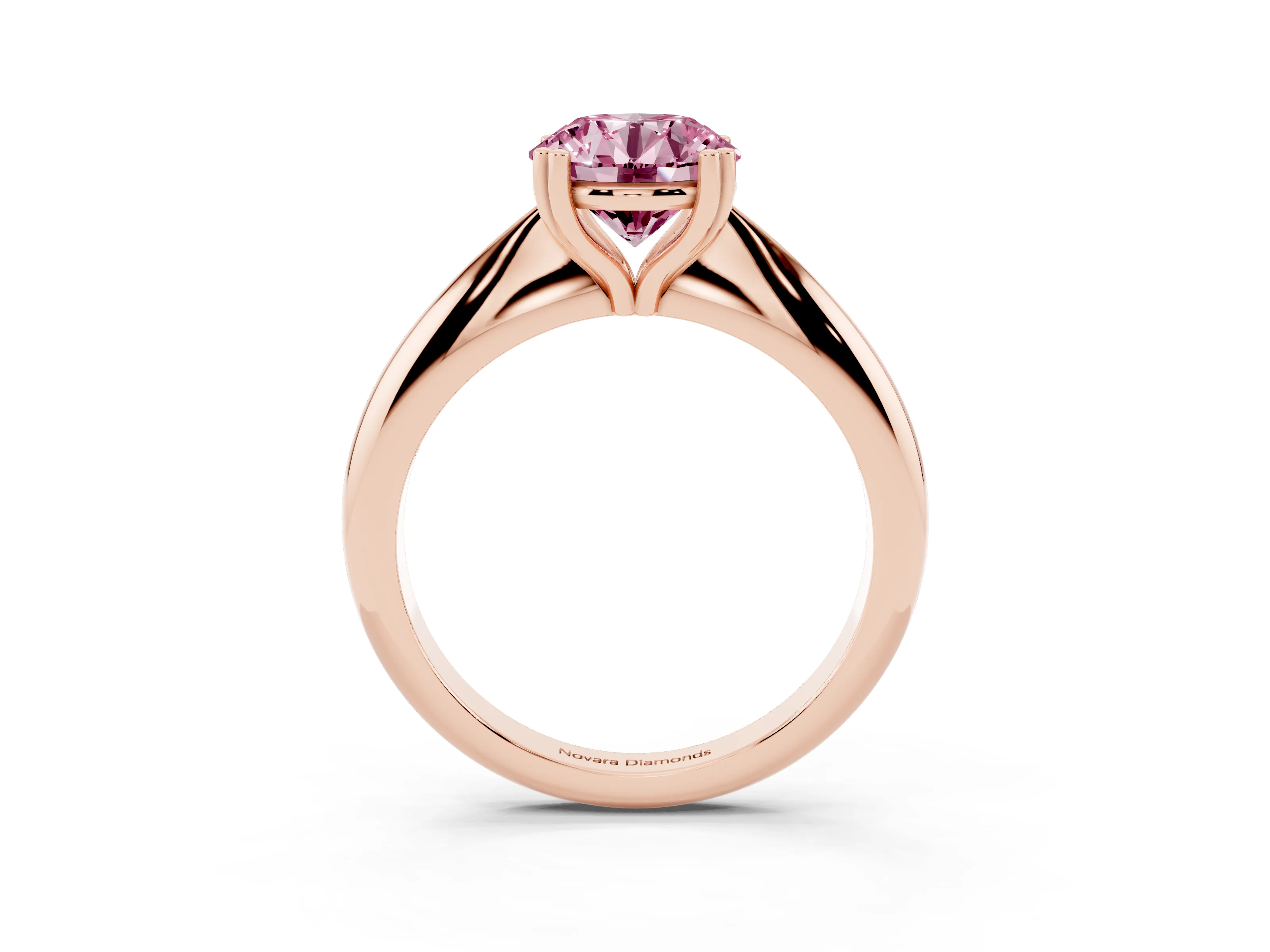 Fancy Pink Round Cut Diamond Solitaire Engagement Ring Set in Rose gold with Tapered Band and Prong Setting