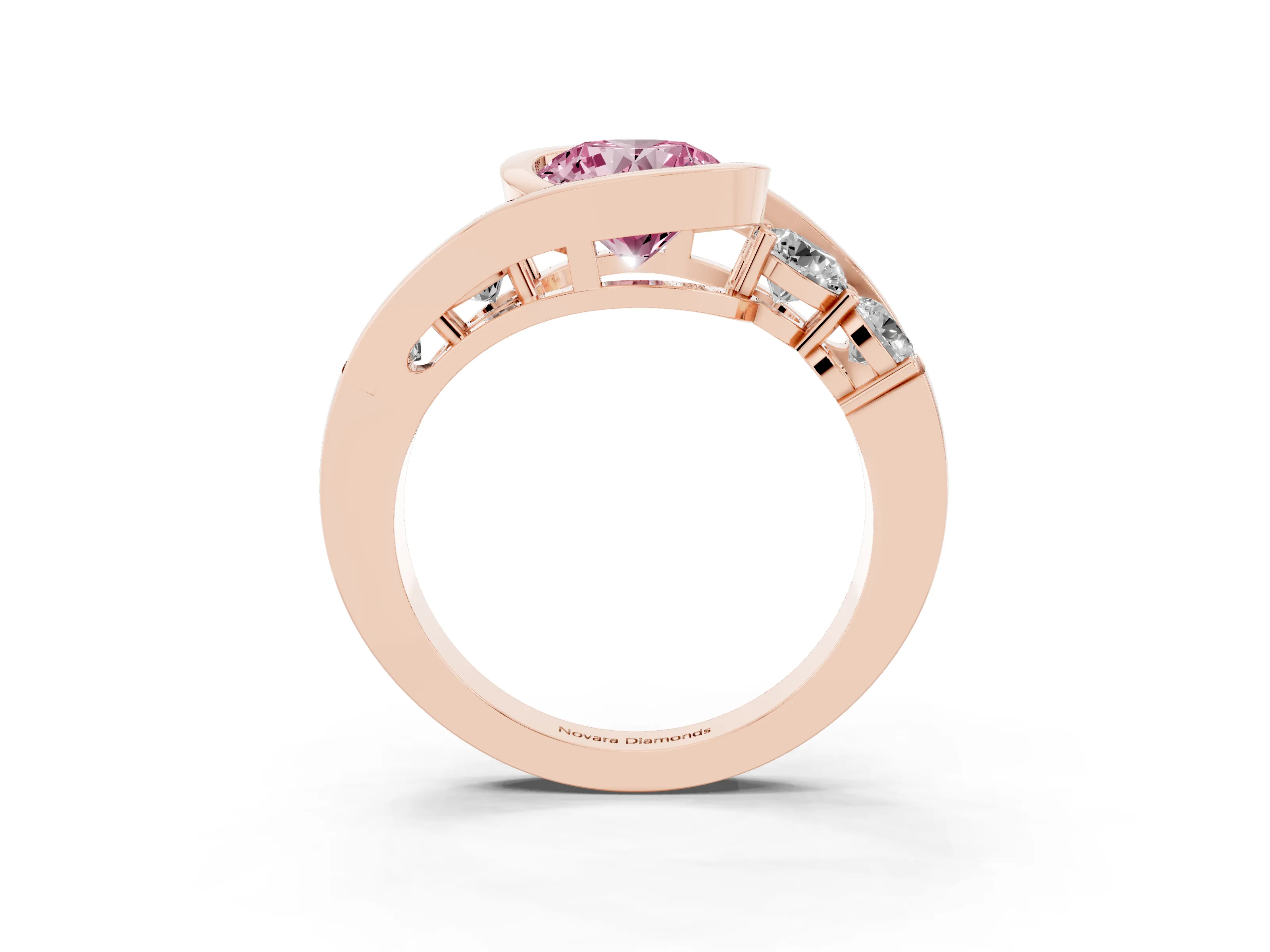 Fancy Pink Round Cut Diamond Bezel Bypass Ring Set in Rose gold with Round Accents