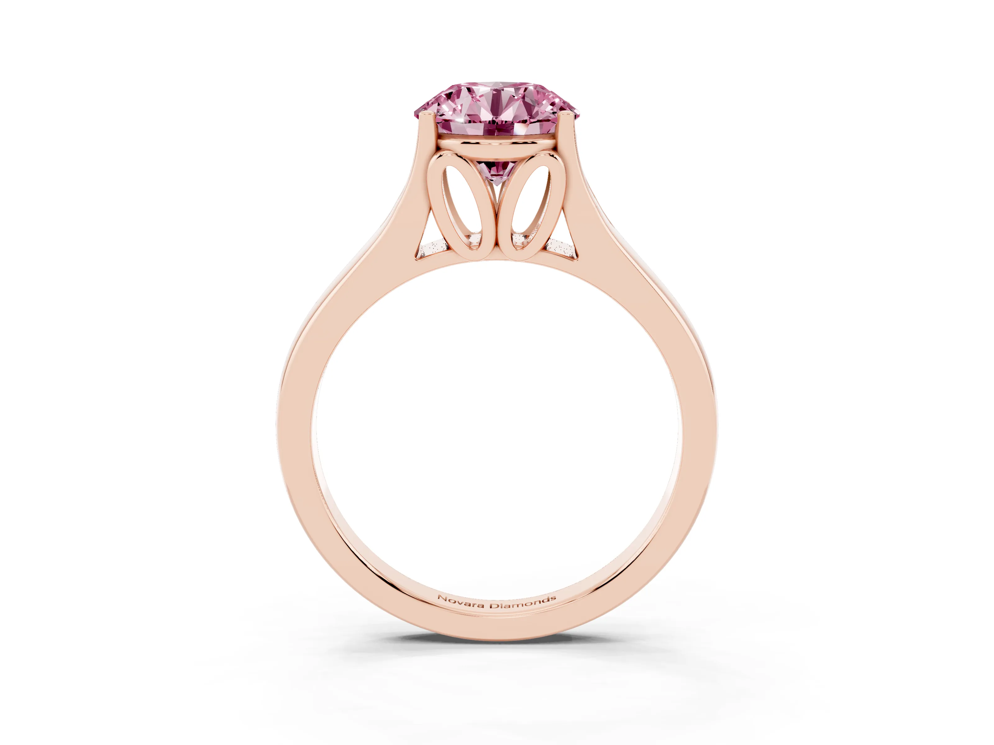 Fancy Pink Round Cut Diamond Solitaire Ring Set in Rose gold with Arched Cathedral Band and Prong Setting