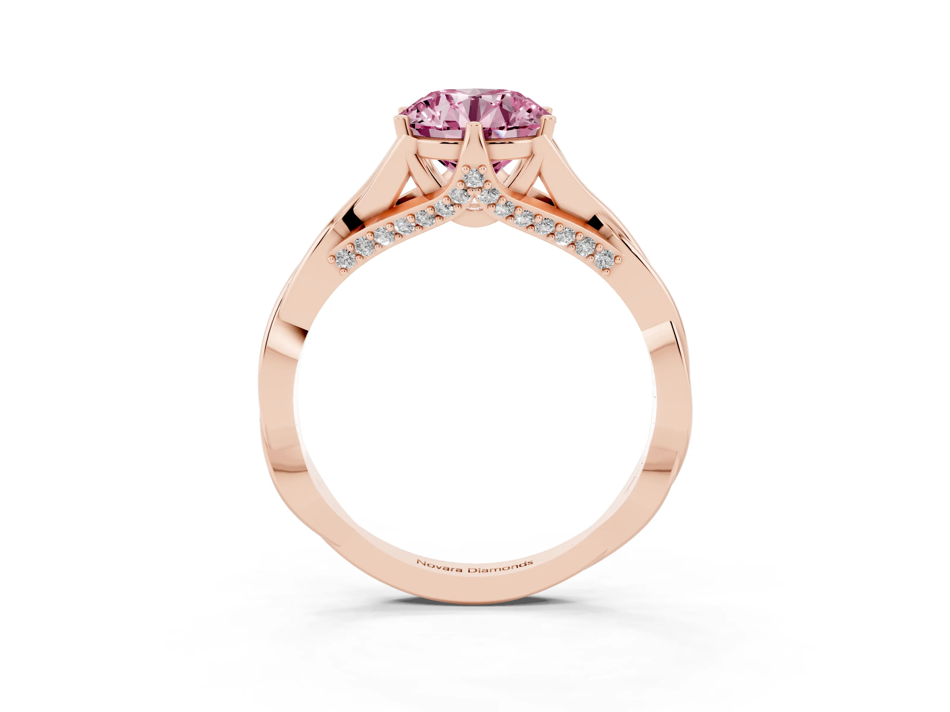 Fancy Pink Round Cut Diamond Intertwined Twist Band Solitaire Ring Set in Rose gold with Prong Setting