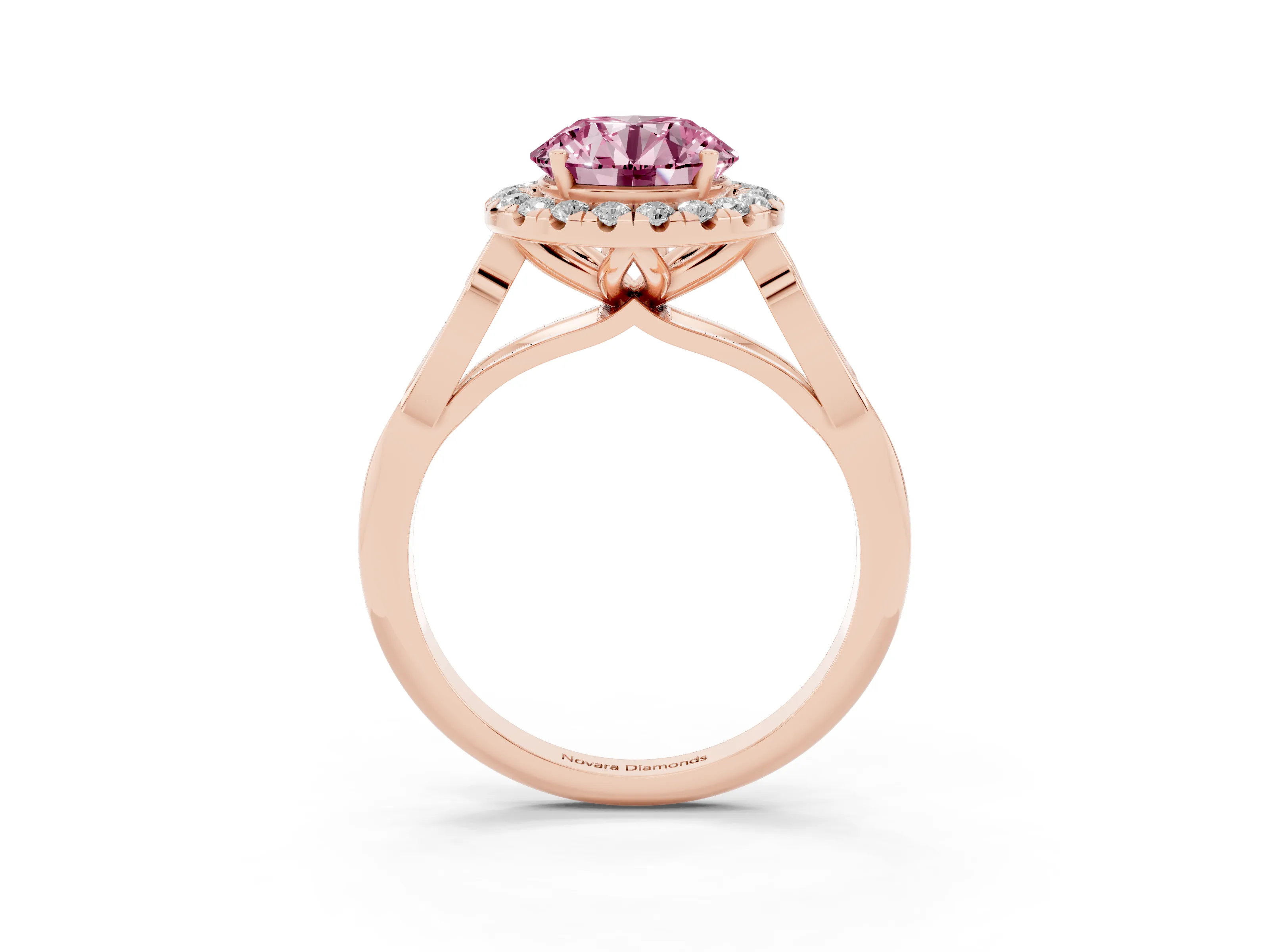 Fancy Pink Round Cut Diamond Halo Engagement Ring Set in Rose gold with Filigree Band and Prong-Set Center