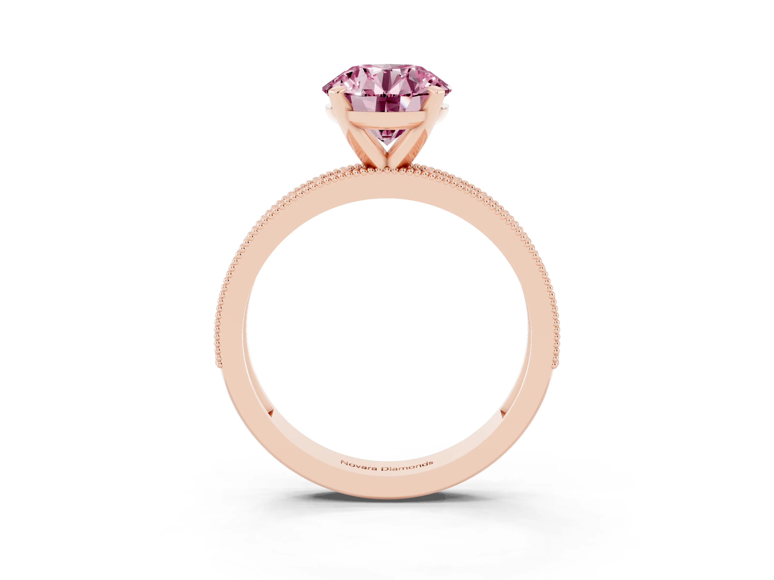 Fancy Pink Round Cut Diamond Milgrain Pavé Engagement Ring Set in Rose gold with Prong Setting