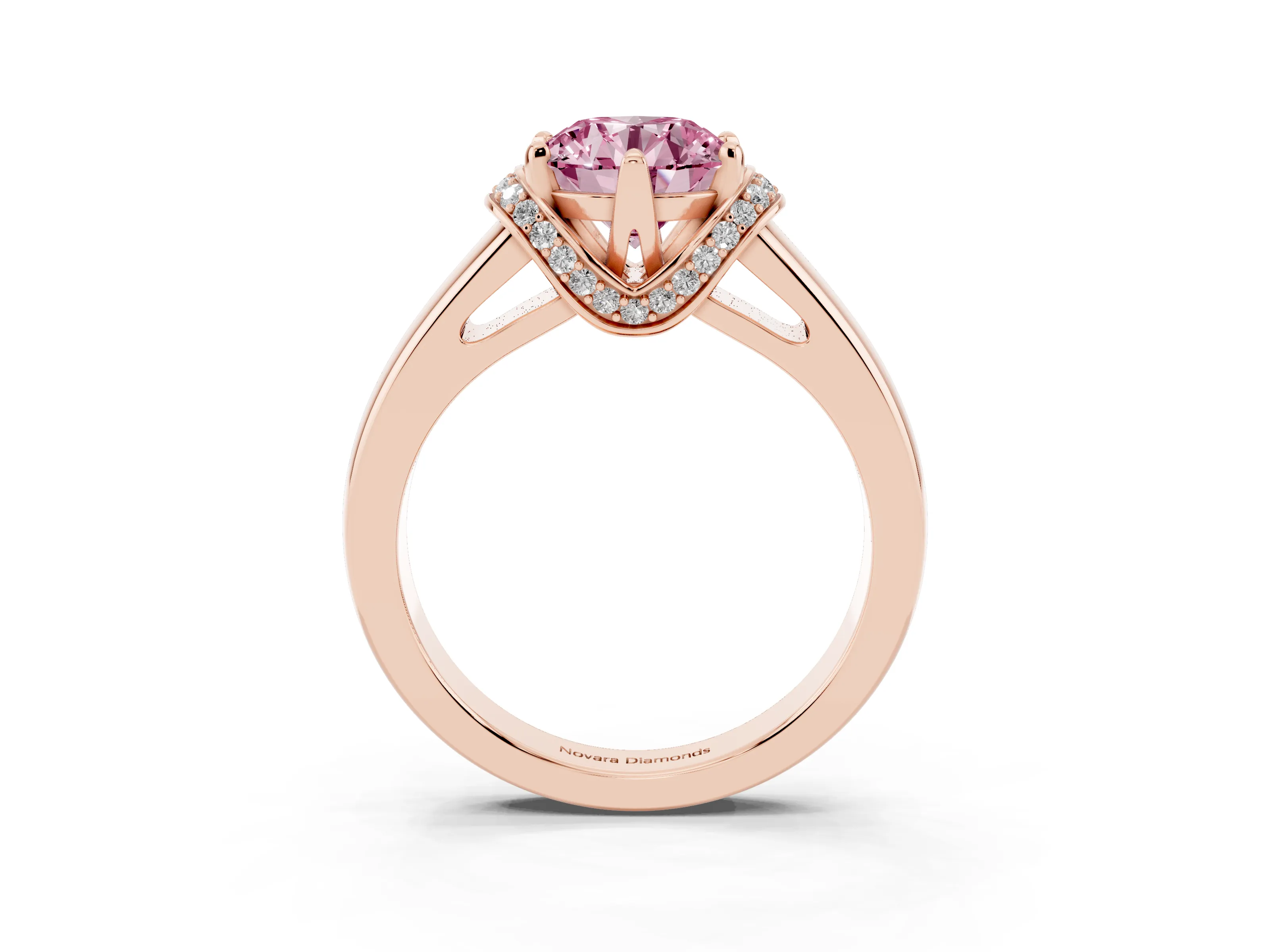Fancy Pink Round Cut Diamond Pavé Band Solitaire Ring Set in Rose gold with Prong Setting