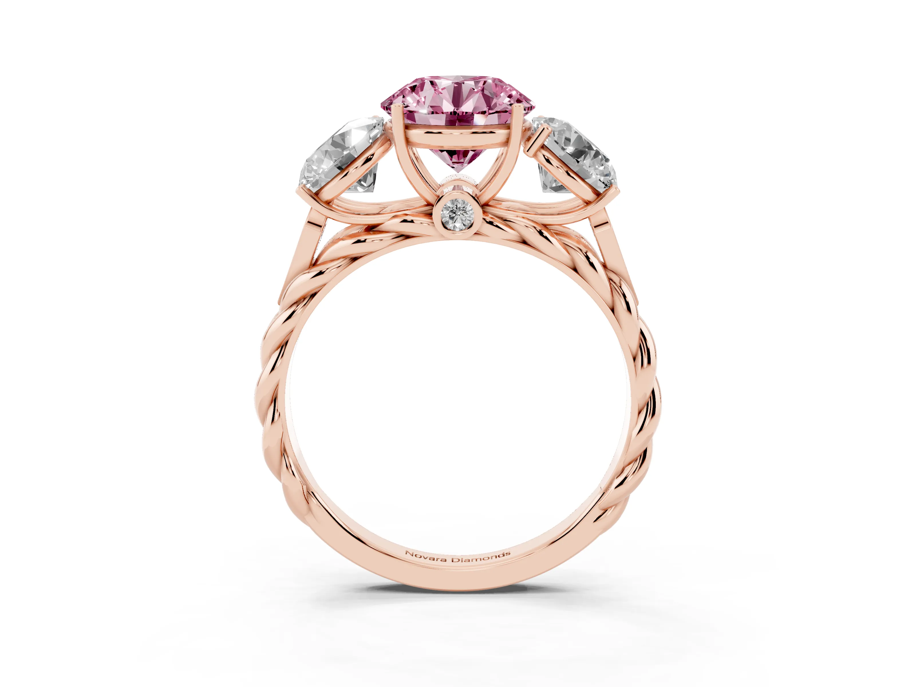 Fancy Pink Round Cut Diamond Three-Stone Ring Set in Rose gold with Braided Band