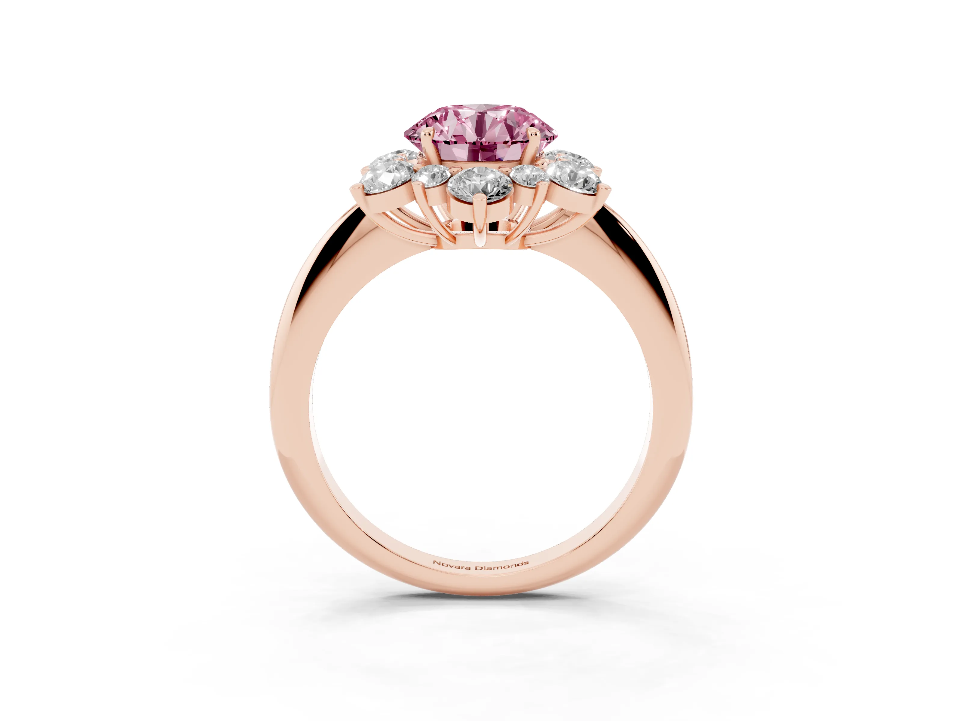 Fancy Pink Round Cut Diamond Cluster Halo Ring Set in Rose gold with Solitaire Band and Prong Setting