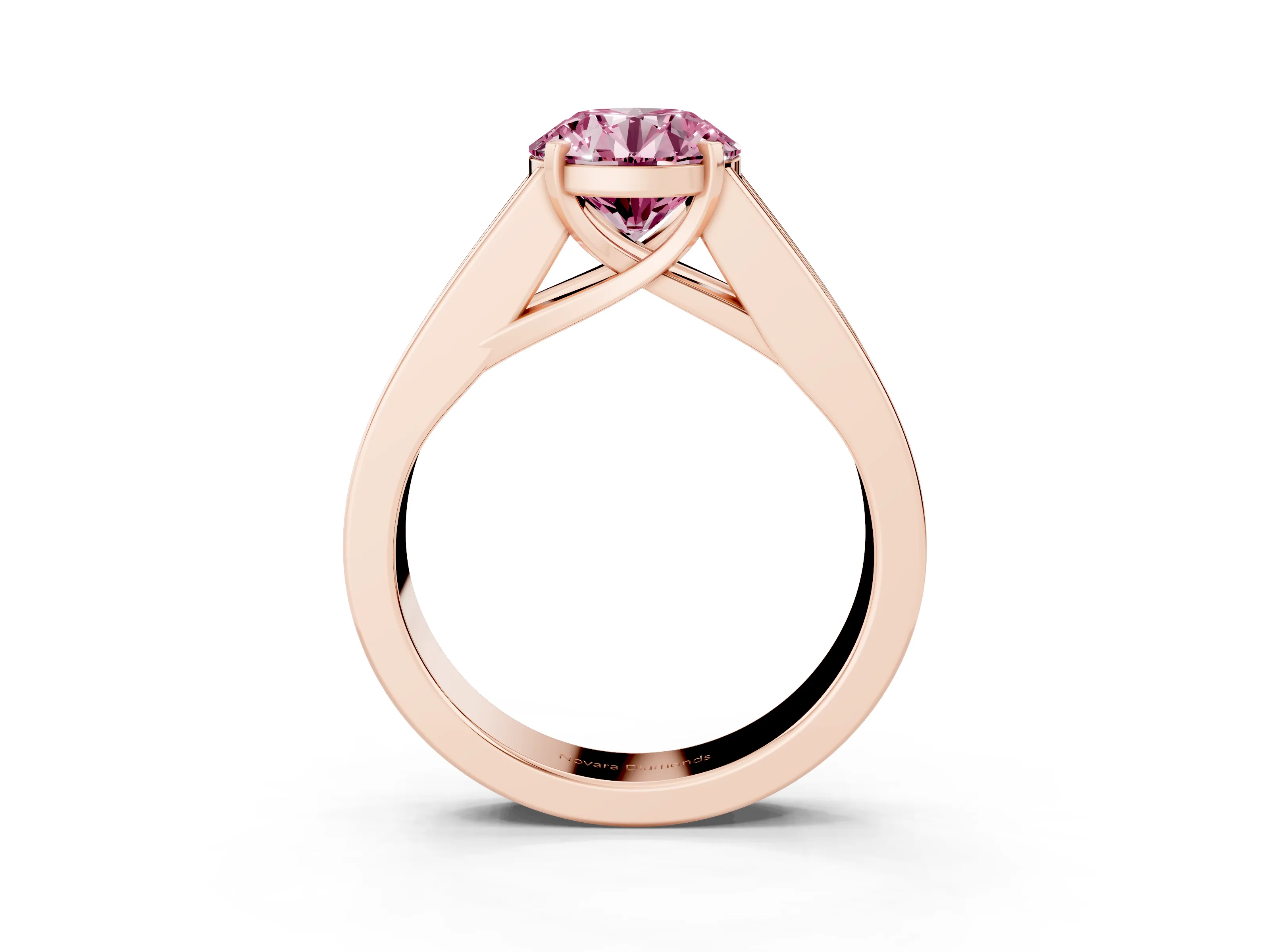 Fancy Pink Round Cut Diamond Solitaire Ring Set in Rose gold with Channel-Set Accent Stones and Prong Setting