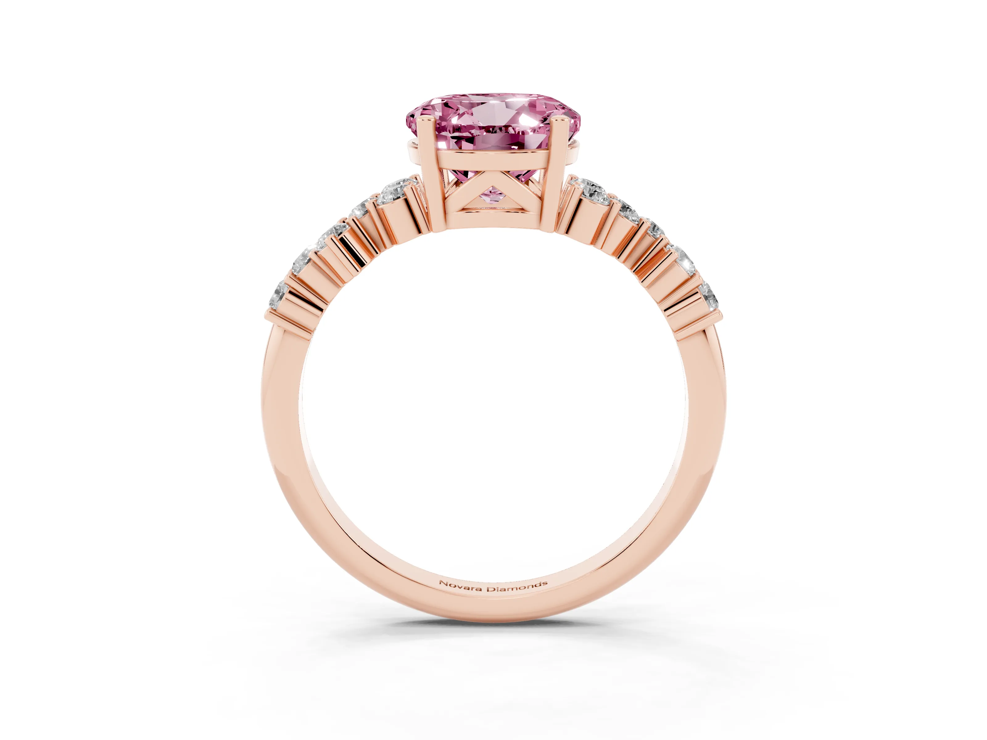 Fancy Pink Round Cut Diamond Ring Set in Rose gold with Scattered Round Accents