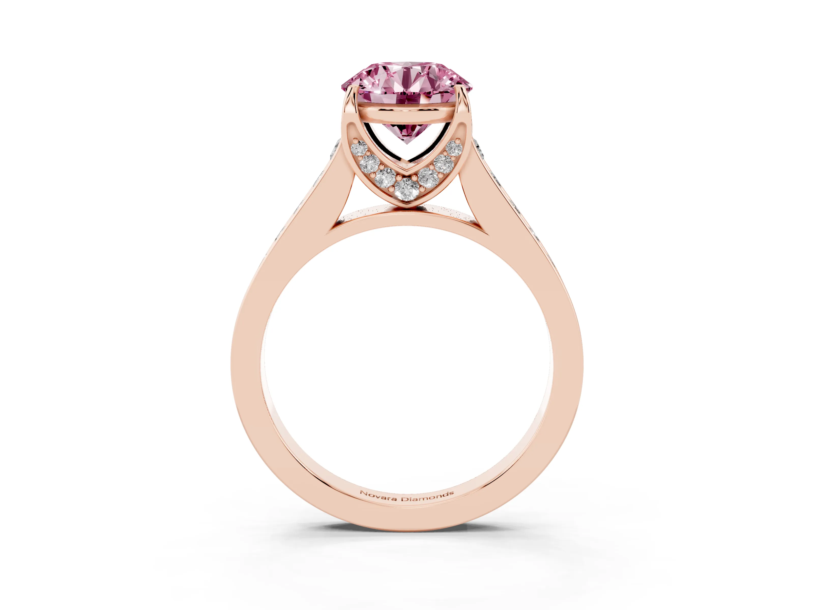 Fancy Pink Round Cut Diamond Solitaire Pavé Engagement Ring Set in Rose gold with Prong Setting