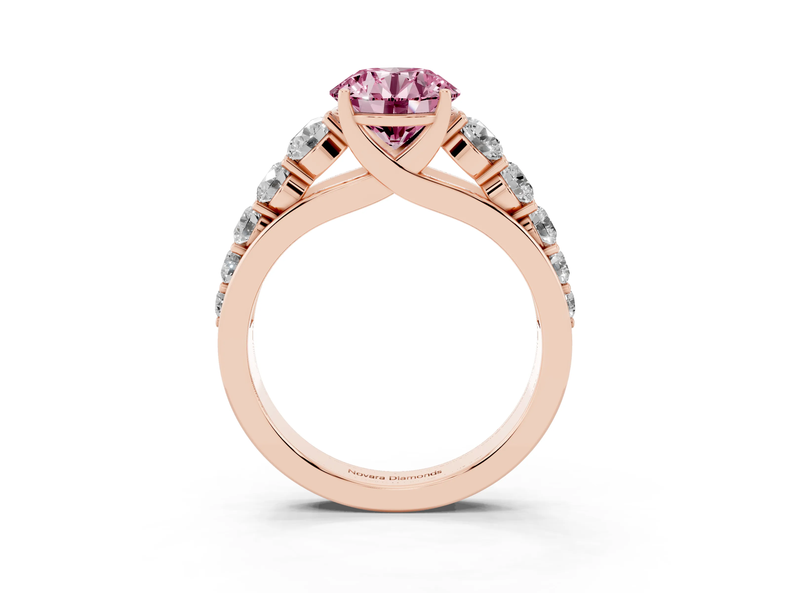 Fancy Pink Round Cut Diamond Solitaire Ring Set in Rose gold with Pavé-Set Band and Prong Setting