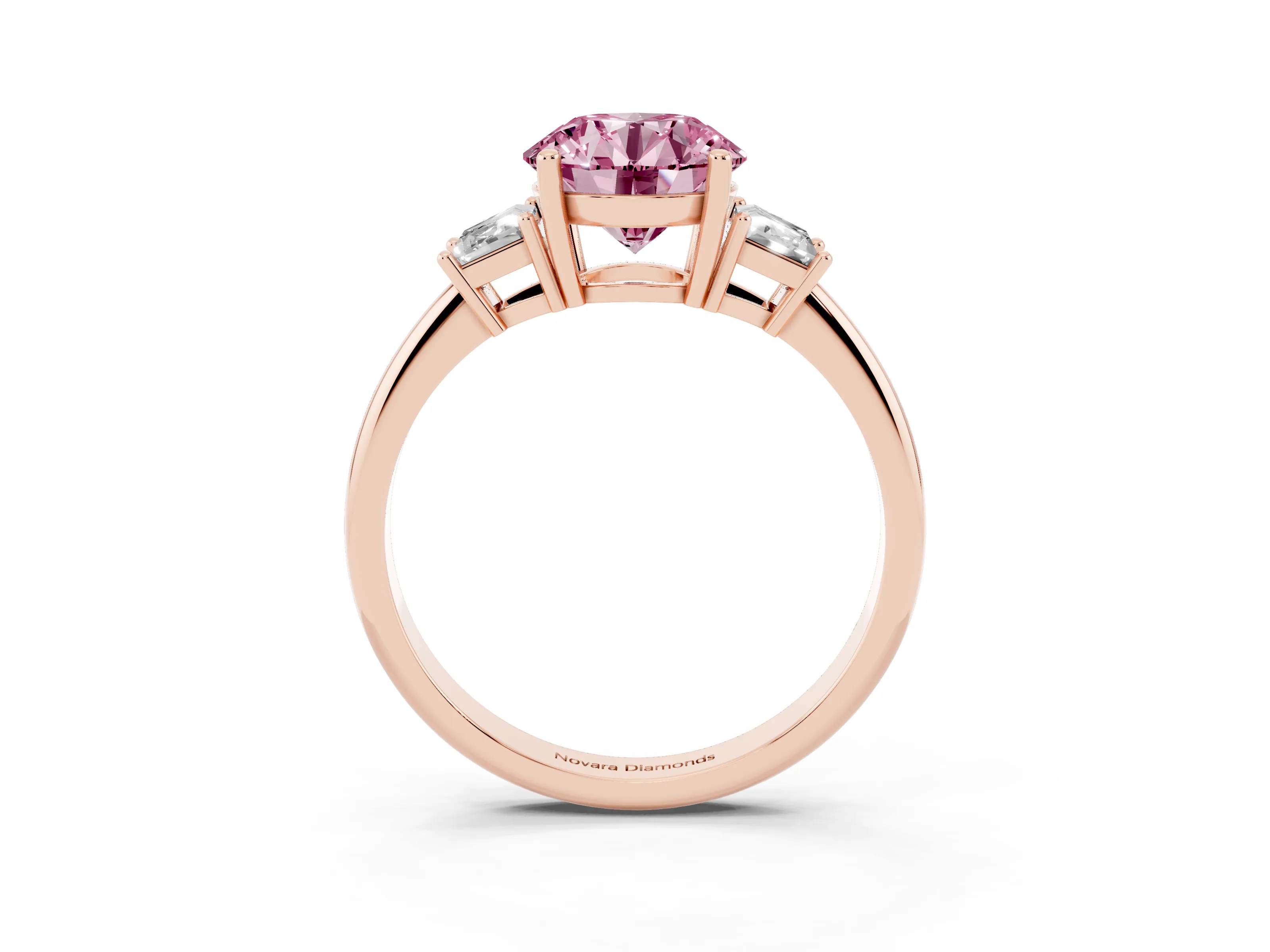 Fancy Pink Round Cut Diamond Three-Stone Ring Set in Rose gold with Trapezoid Side Stones and Prong Setting