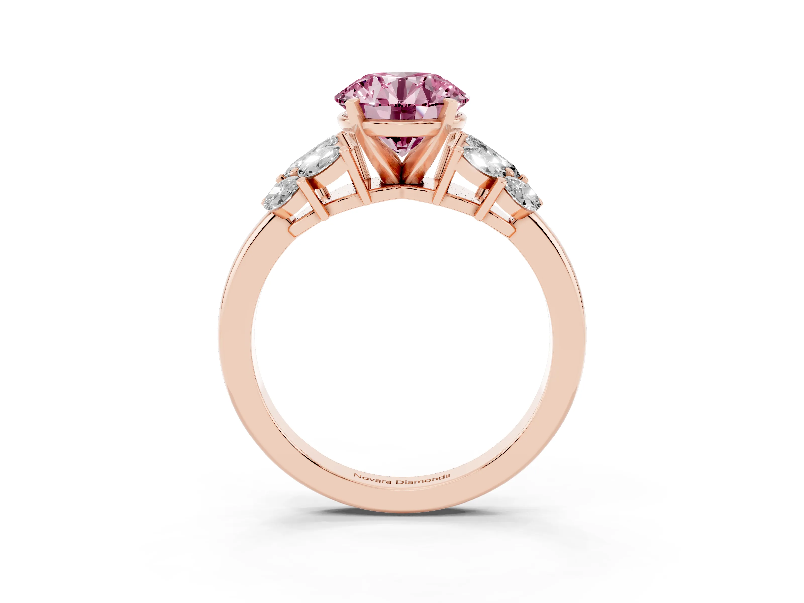 Fancy Pink Round Cut Diamond Cluster Leaf Design Ring Set in Rose gold with Prong Setting