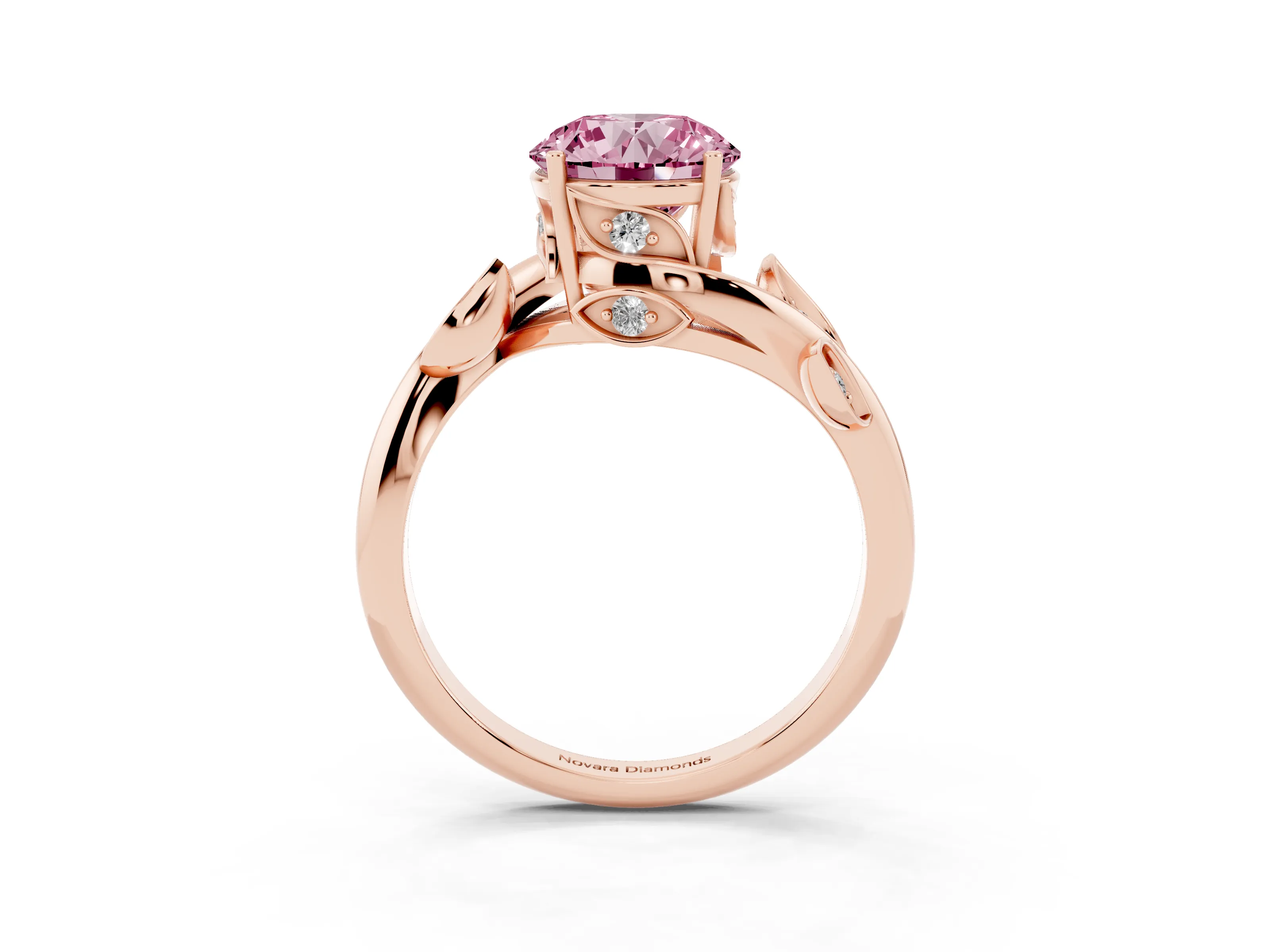 Fancy Pink Round Cut Diamond Solitaire Twist Engagement Ring Set in Rose gold with Pavé Leaf Accents