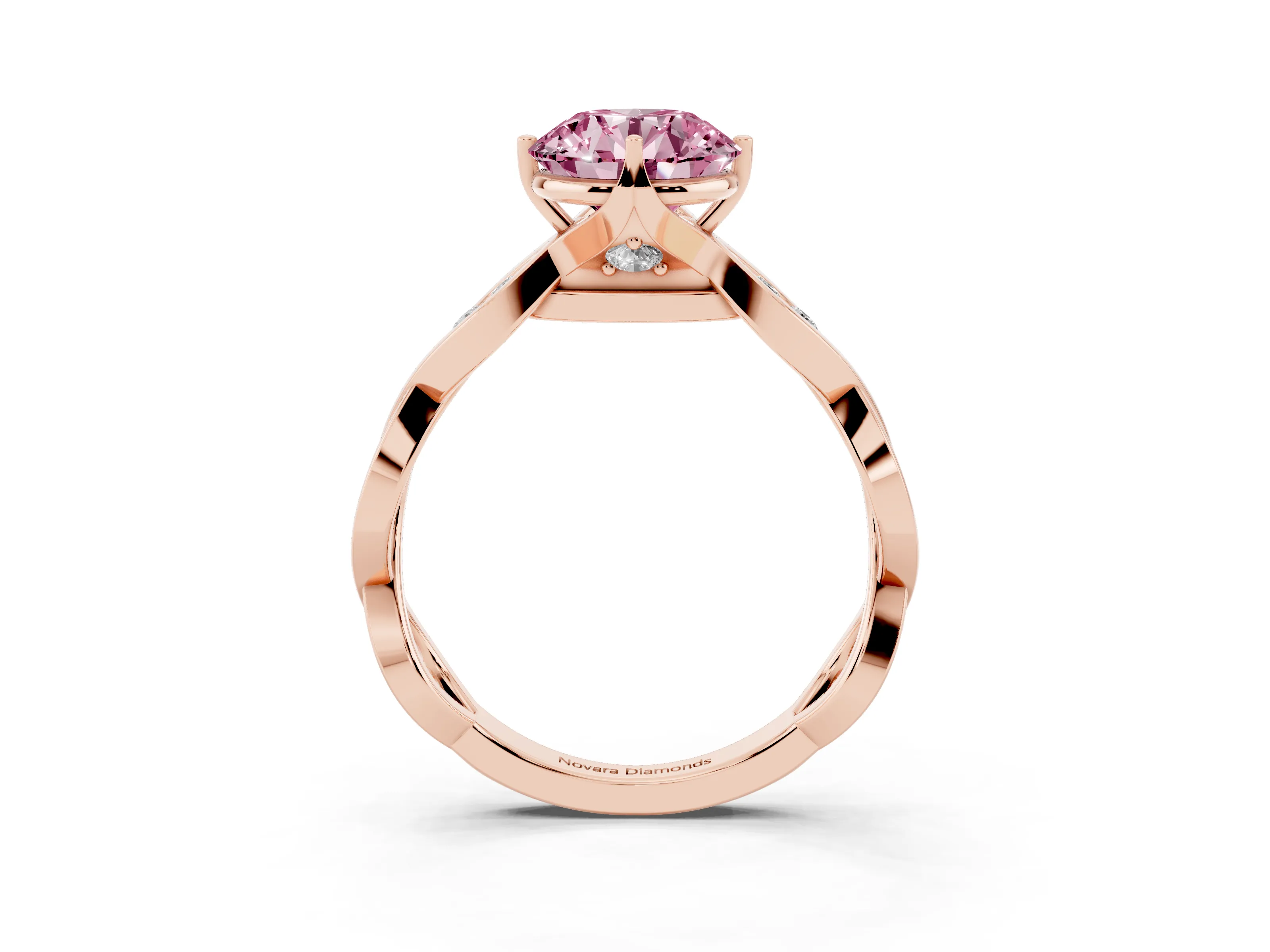 Fancy Pink Round Cut Diamond Twist Band Solitaire Ring Set in Rose gold with Leaf Prong Setting and Accent Stones