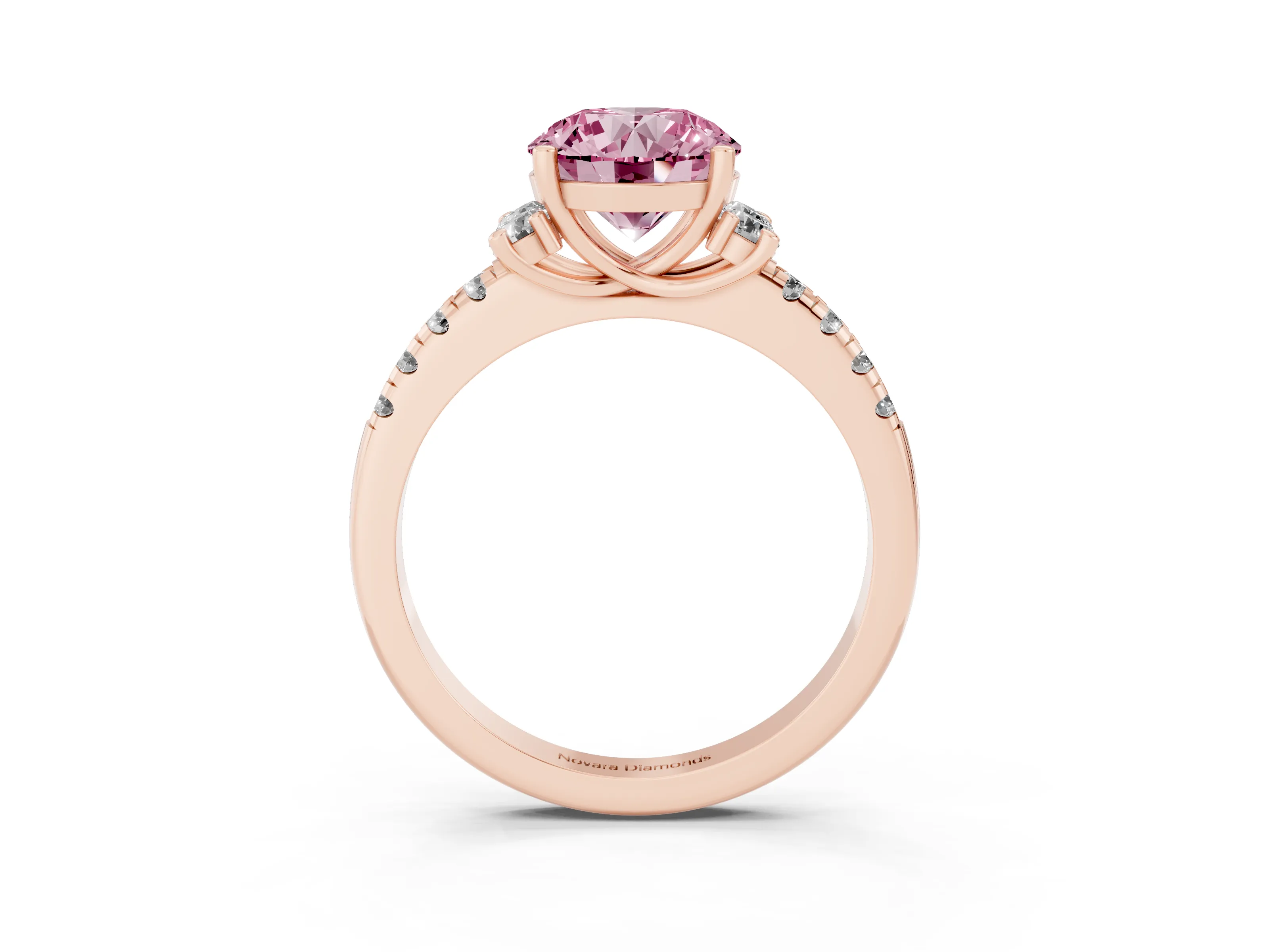 Fancy Pink Round Cut Diamond Three-Stone Pavé Ring Set in Rose gold with Prong Setting