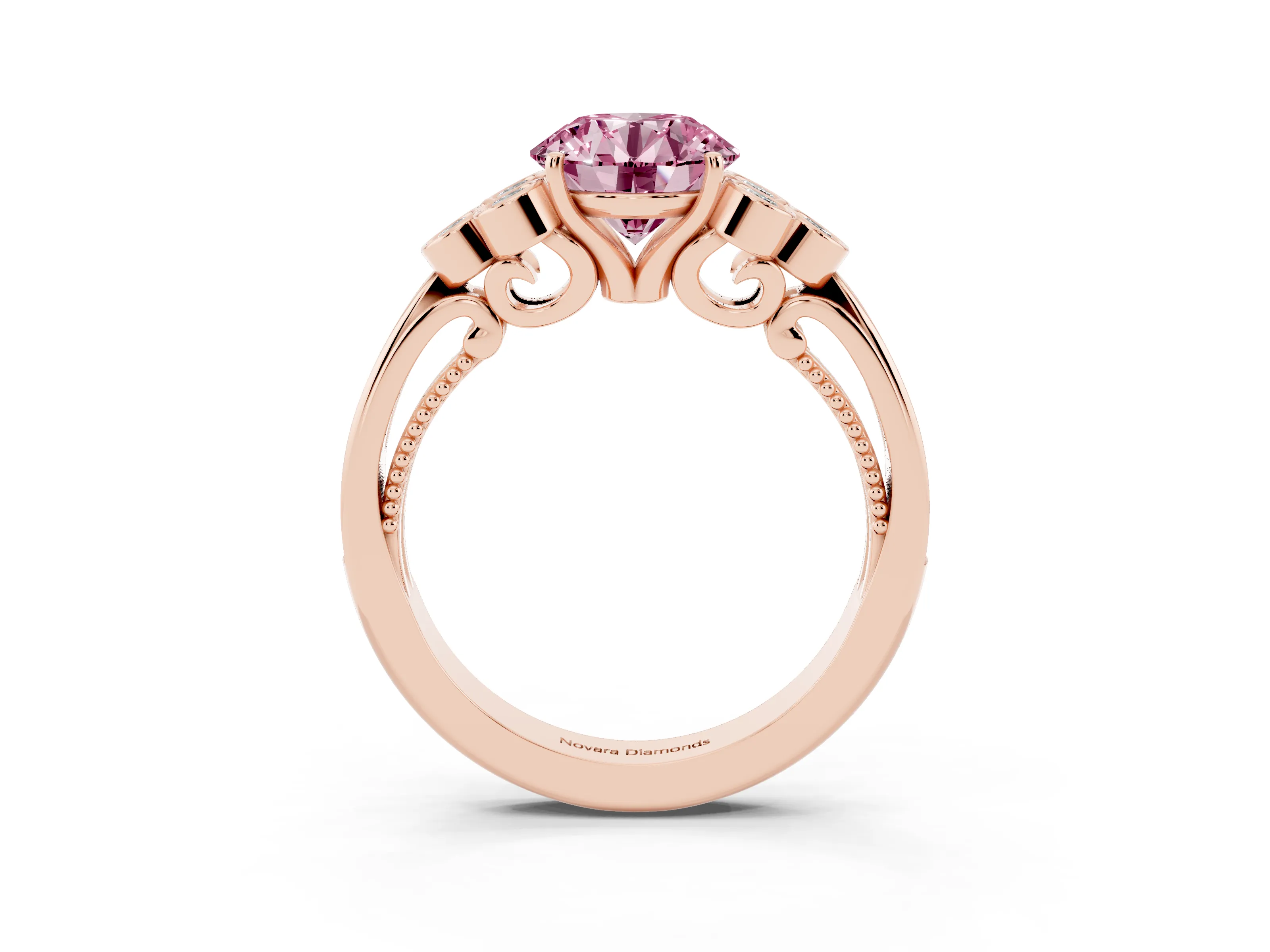 Fancy Pink Round Cut Diamond Engagement Ring Set in Rose gold with Bezel Set Round Side Stones and Prong Setting