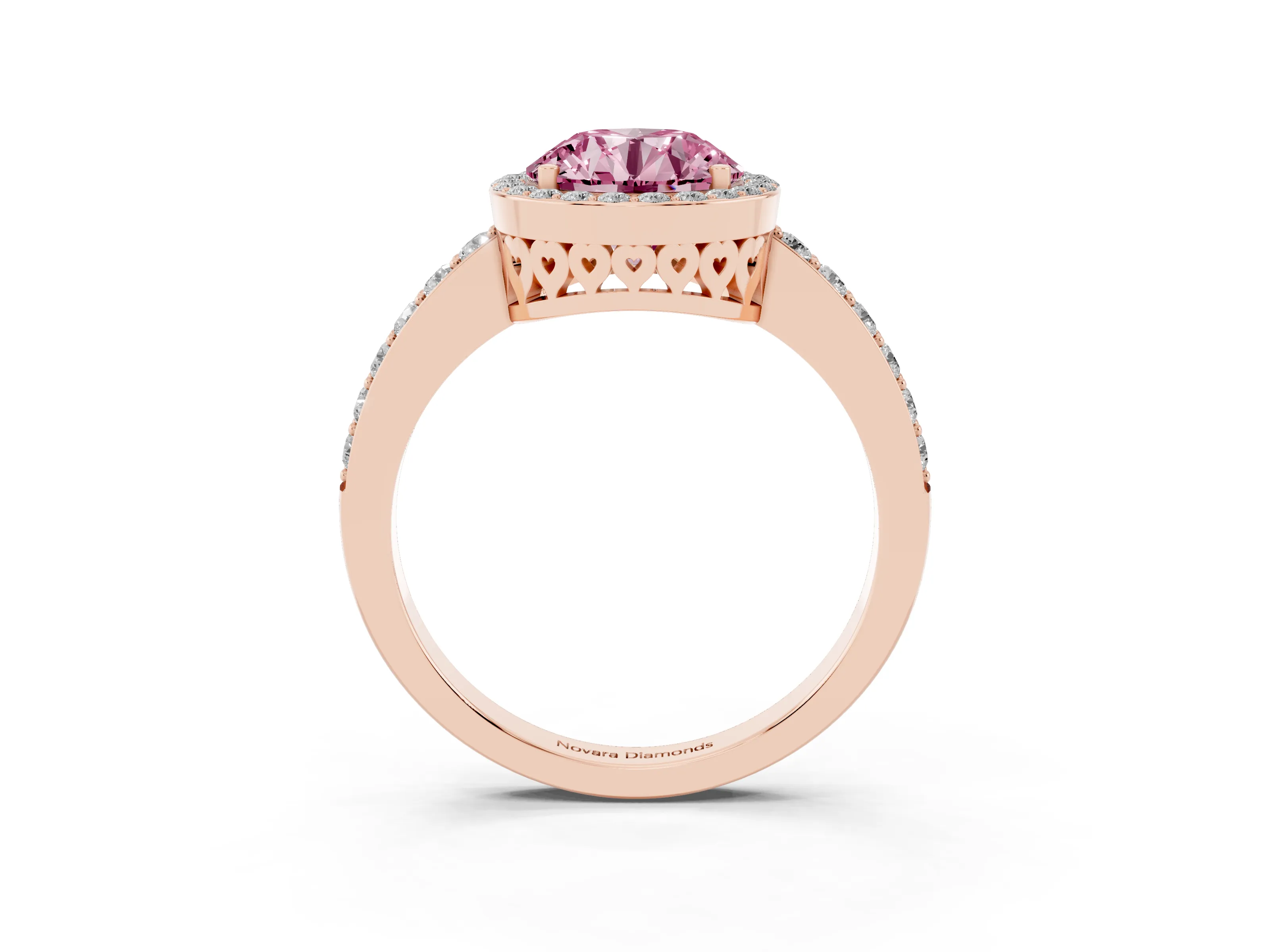 Fancy Pink Round Cut Diamond Halo Ring Set in Rose gold with Pavé-Setting Band and Open Prong Center