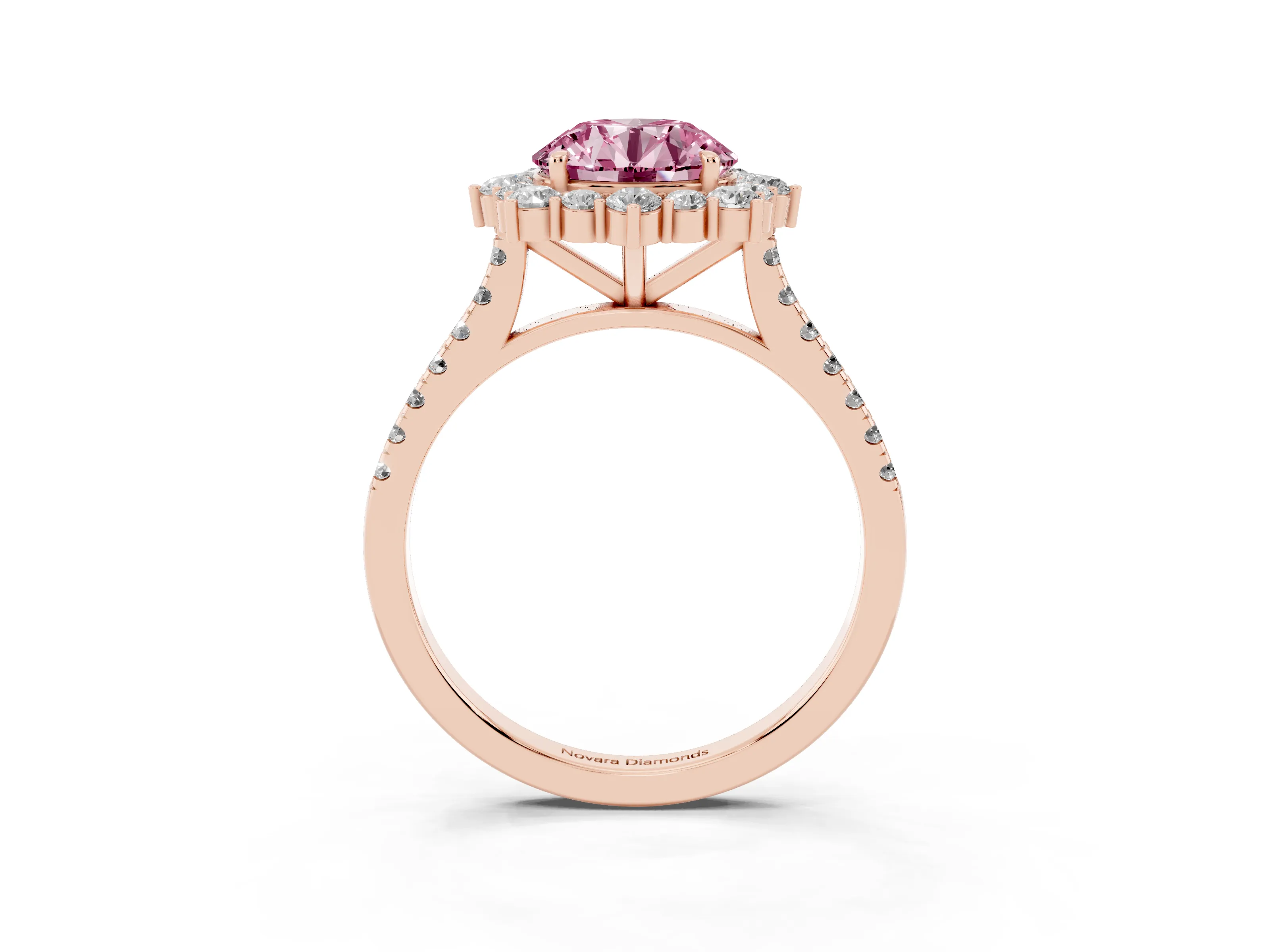 Fancy Pink Round Cut Diamond Halo Ring Set in Rose gold with Pavé Band and Prong Setting