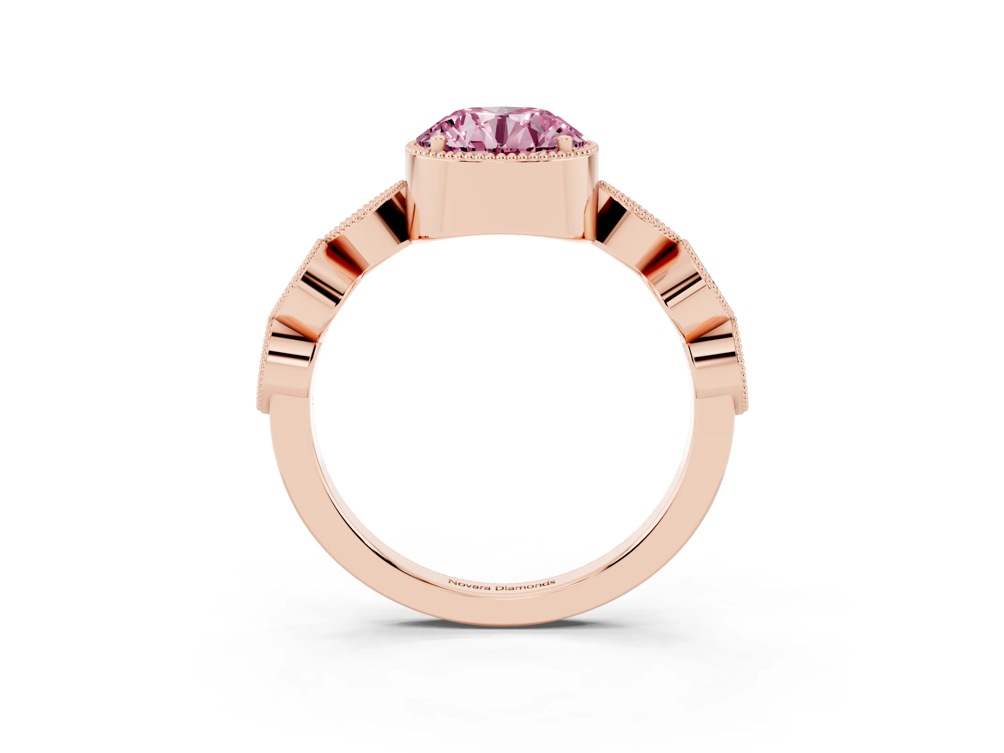 Fancy Pink Round Cut Diamond Vintage-Inspired Milgrain Ring Set in Rose gold with Marquise Stations of Round Accents