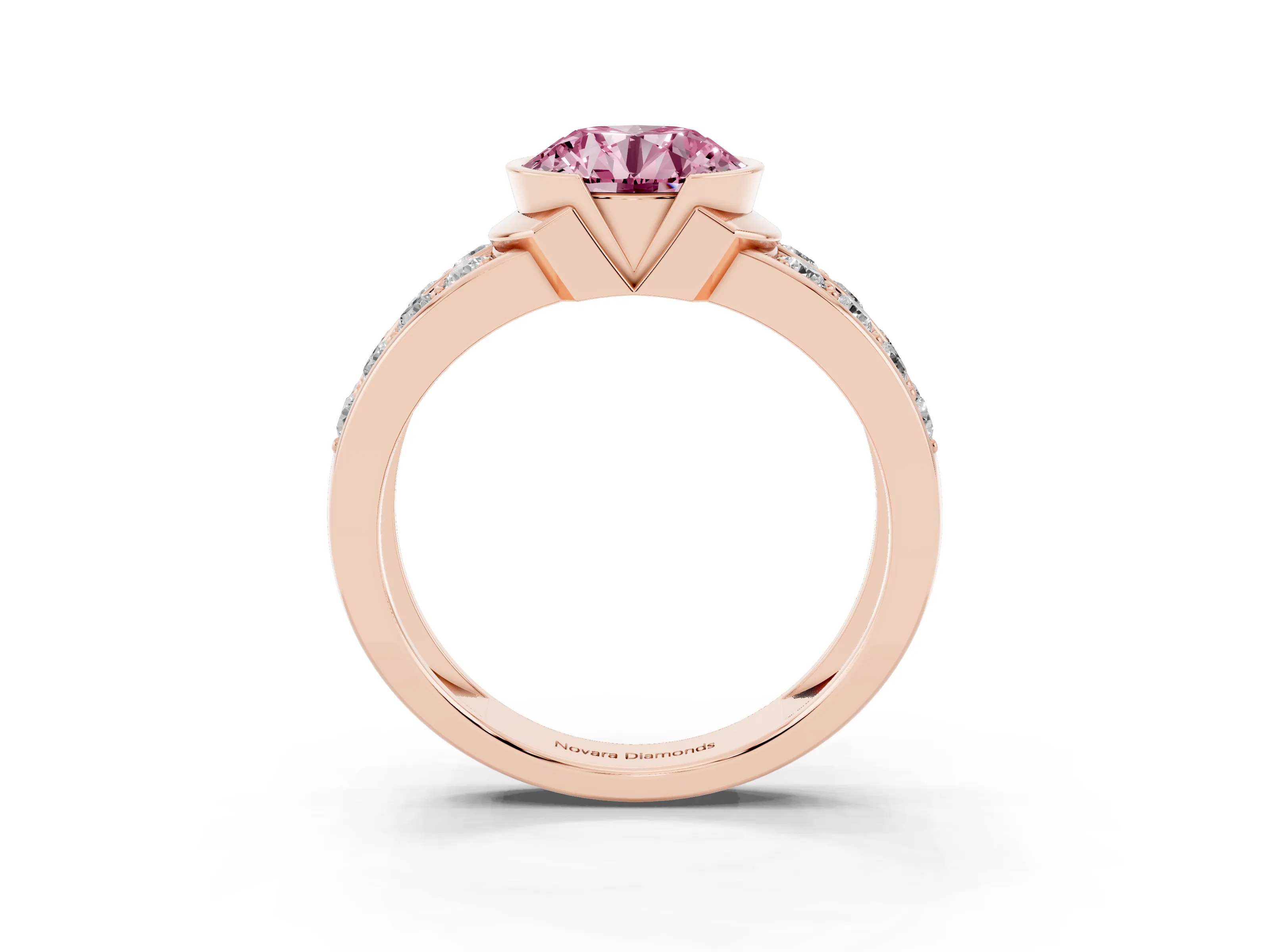 Fancy Pink Round Cut Diamond Wide Channel Set Band Ring Set in Rose gold with Bezel Setting